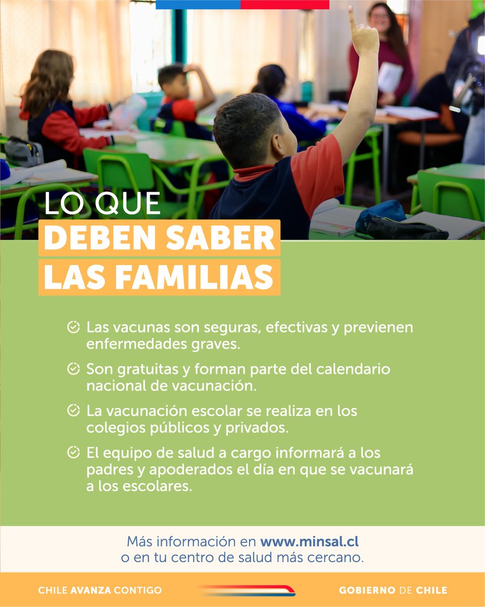 💉👧👦 #VacunaciónEscolar
Gratuita, segura y parte del calendario nacional 🗓️

📌 Vacunas:
✅ dTpa: 1º y 8º básico
✅ VPH: 4º básico

Previenen enfermedades graves como difteria, tétanos, coqueluche y VPH.
+Info en 👉 minsal.cl

#SaludInfantil