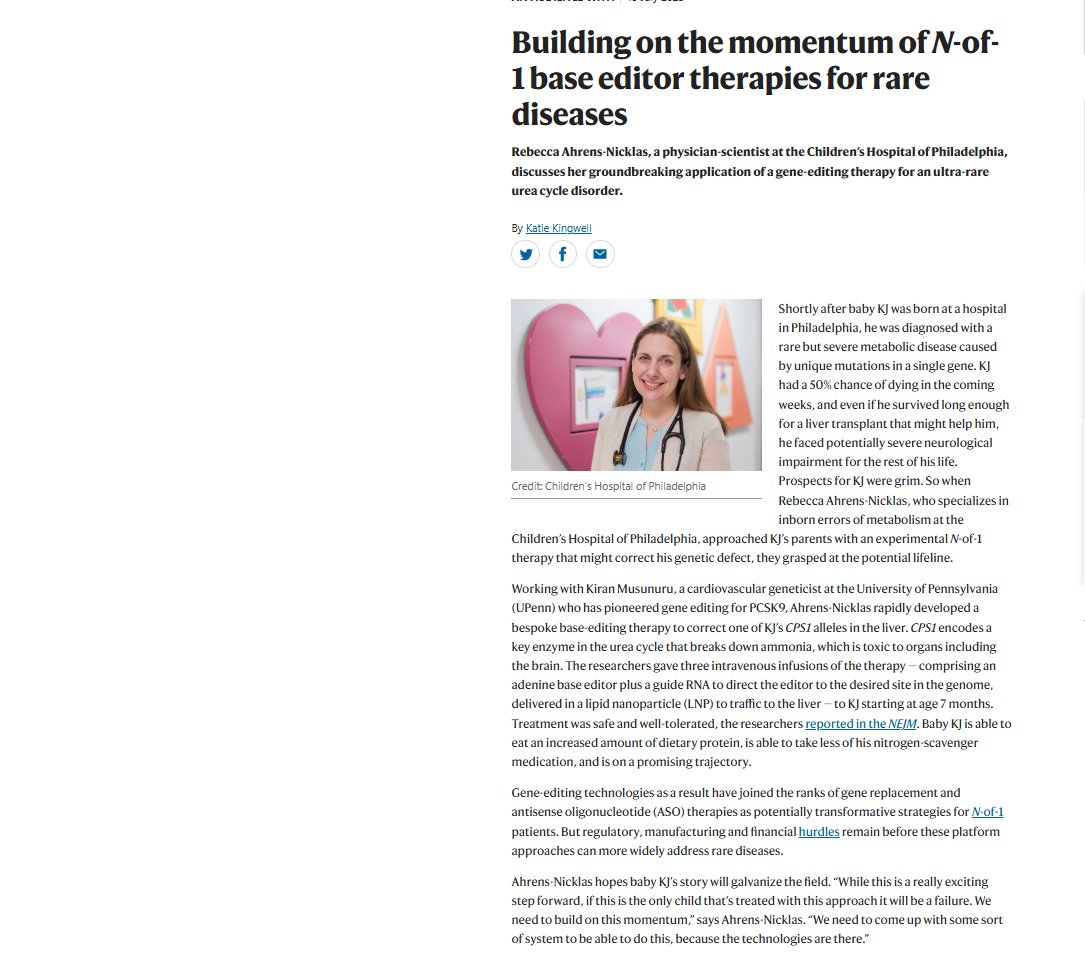 NatRevDrugDisc's tweet image. Building on the momentum of N-of-1 base editor therapies for rare diseases nature.com/articles/d4157…
Rebecca Ahrens-Nicklas at the Children’s Hospital of Philadelphia discusses her groundbreaking application of a gene-editing therapy for an ultra-rare urea cycle disorder