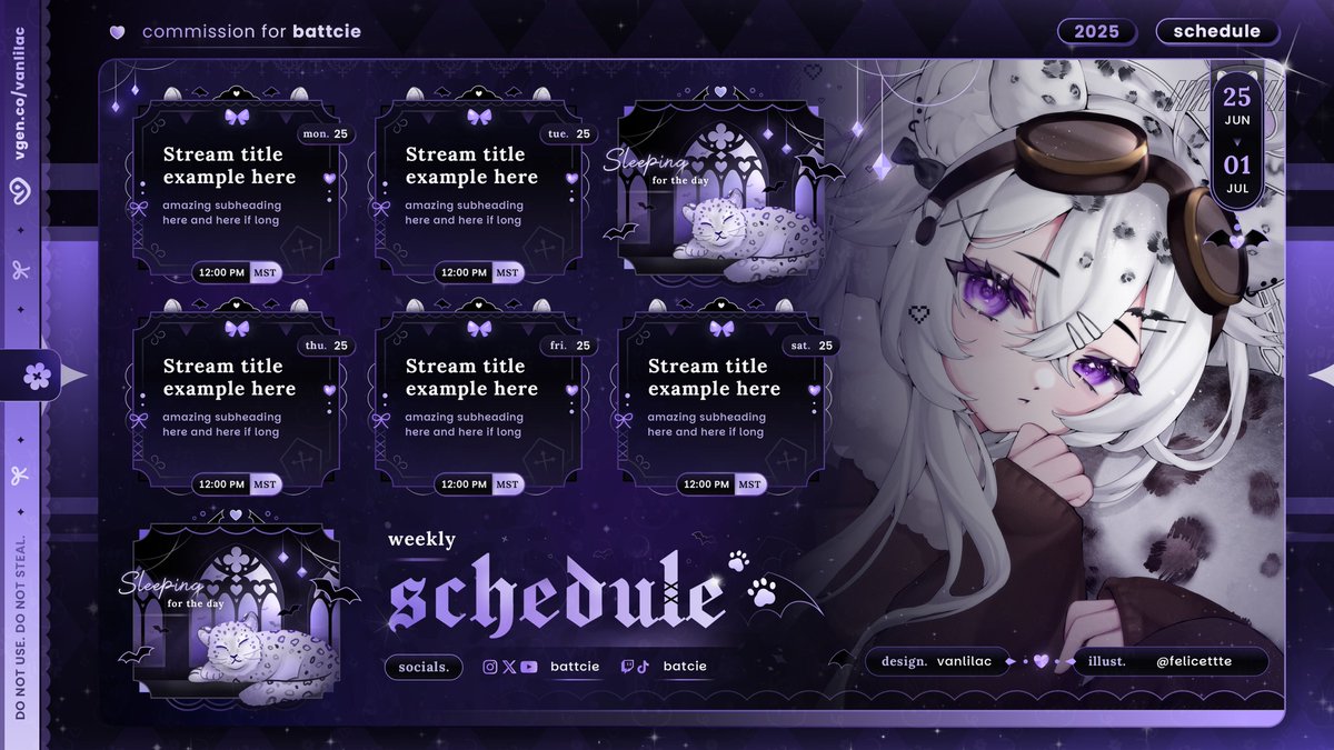 _vanlilac's tweet image. [🤍] —  stream schedule
• •  for @/battcie 💜🦇

snow leopards! :3
♡ + ↻ appreciated! ✧˖°.

thank you for trusting me!
— #vgencomm