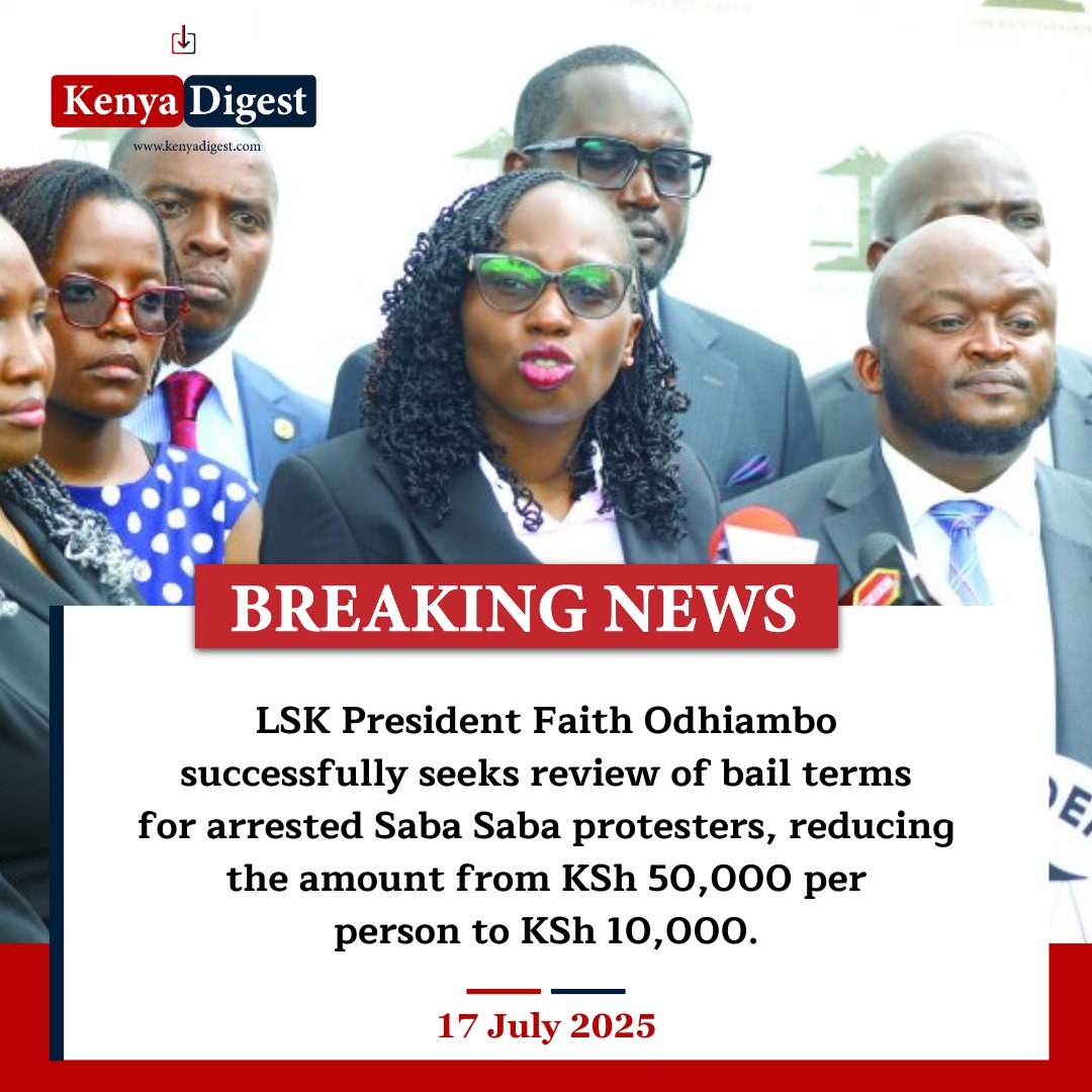 Law Society of Kenya (LSK) President Faith Odhiambo successfully manages to have the bail for arrested Saba Saba protesters in Nanyuki, who are facing terrorism charges, reviewed downwards from KSh 50,000 per person to KSh 10,000.