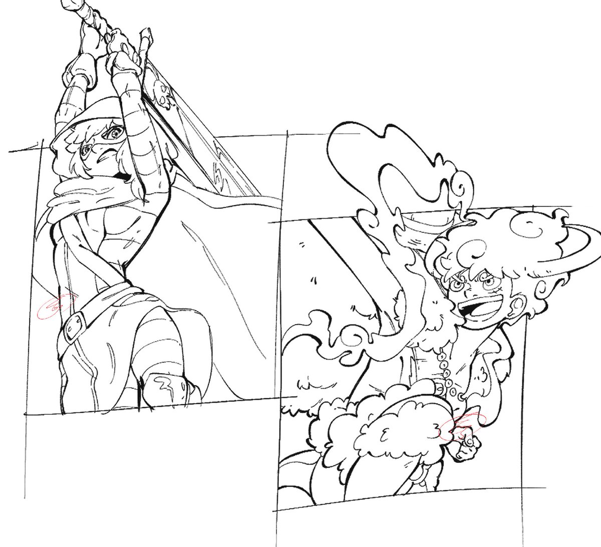 ThEJG_'s tweet image. Guillotine and Luffy work sketches 🗡️