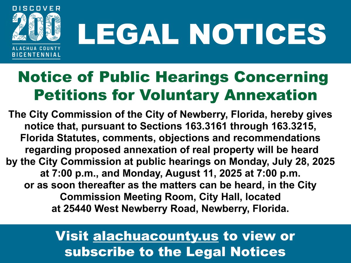 IMPORTANT LEGAL NOTICE: Notice of Public Hearings Concerning Petitions for Voluntary Annexation

View the complete legal notice: tinyurl.com/ym6nk25m for more details.