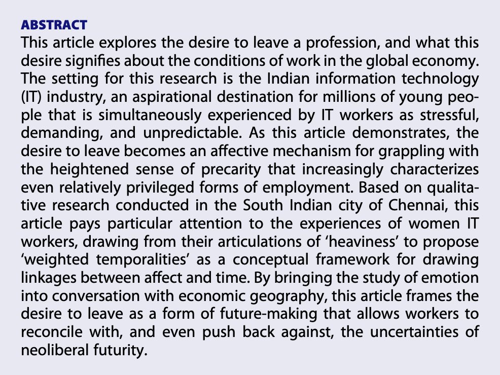 Shakthi (@shakthi_2016) on Twitter photo Happy to share my new paper, ‘Affective exits: Leaving as desire against neoliberal futurity’ in <a href="/SocCultGeog/">SCGeog Journal</a>
Focussing on the Indian IT industry, it bridges emotional and labour geographies, offering ‘weighted temporalities’ as a way to think through the felt quality of time. Happy to share my new paper, ‘Affective exits: Leaving as desire against neoliberal futurity’ in <a href="/SocCultGeog/">SCGeog Journal</a>
Focussing on the Indian IT industry, it bridges emotional and labour geographies, offering ‘weighted temporalities’ as a way to think through the felt quality of time.