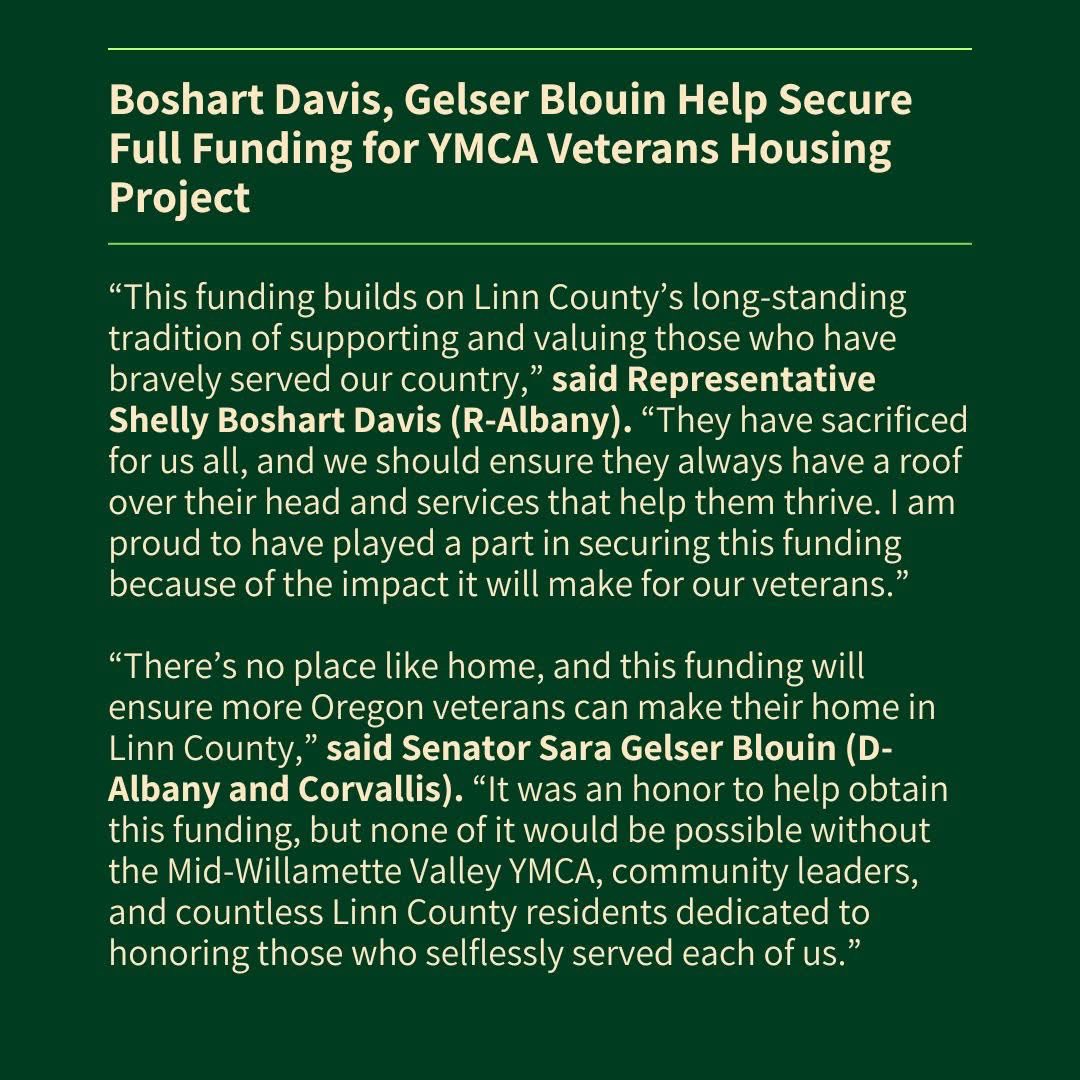 BoshartDavisAg's tweet image. Caring for veterans is in the blood of Linn County. That's why I am excited to share that we have secured the final funding needed to complete the 38-unit Mid-Willamette Family YMCA Veterans Housing Project in East Albany!
Thanks to this new $3.4 million investment this session…