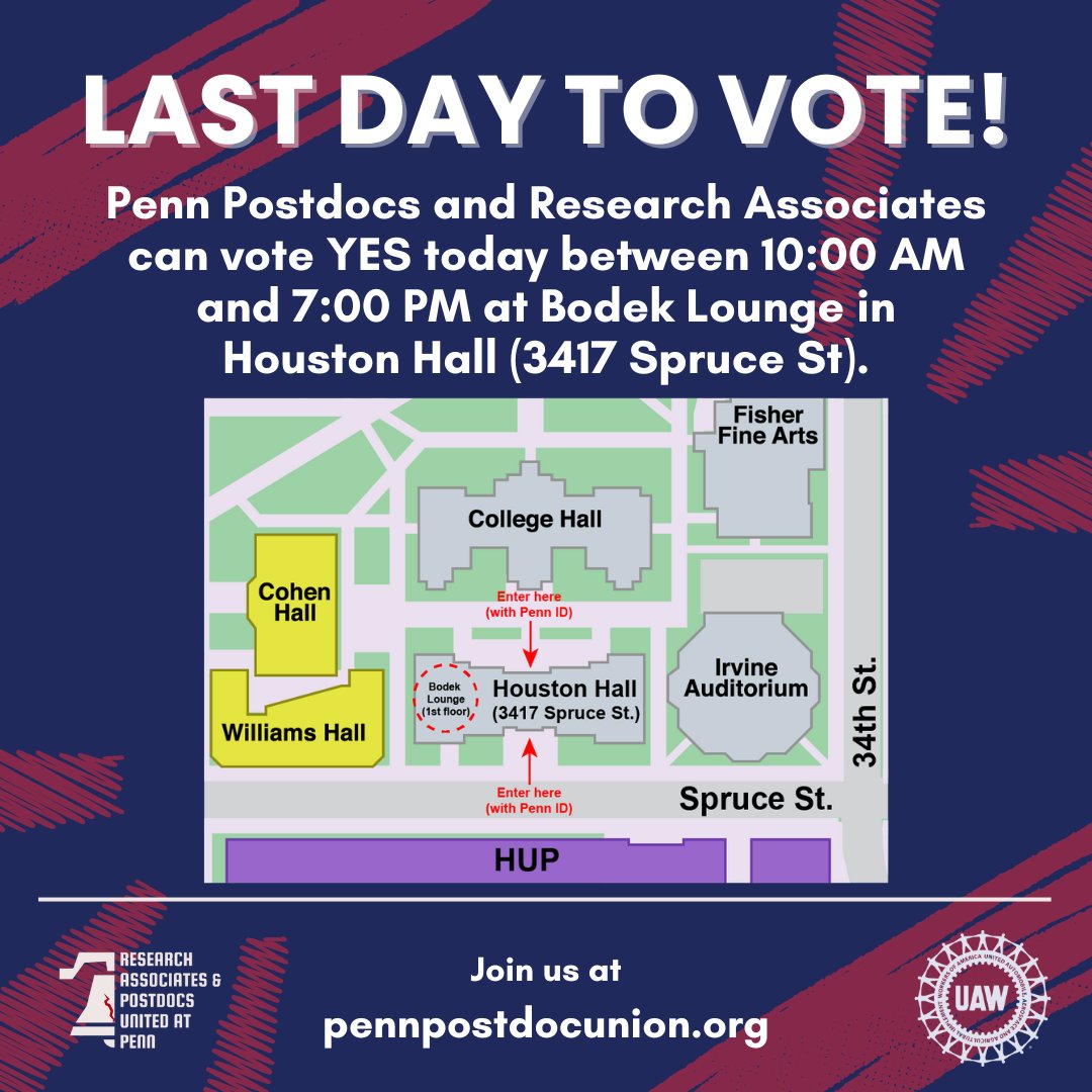RAPUP_UAW's tweet image. Today is the LAST DAY to vote! Postdocs and Research Associates, make your way to Houston Hall today before 7pm to vote YES!