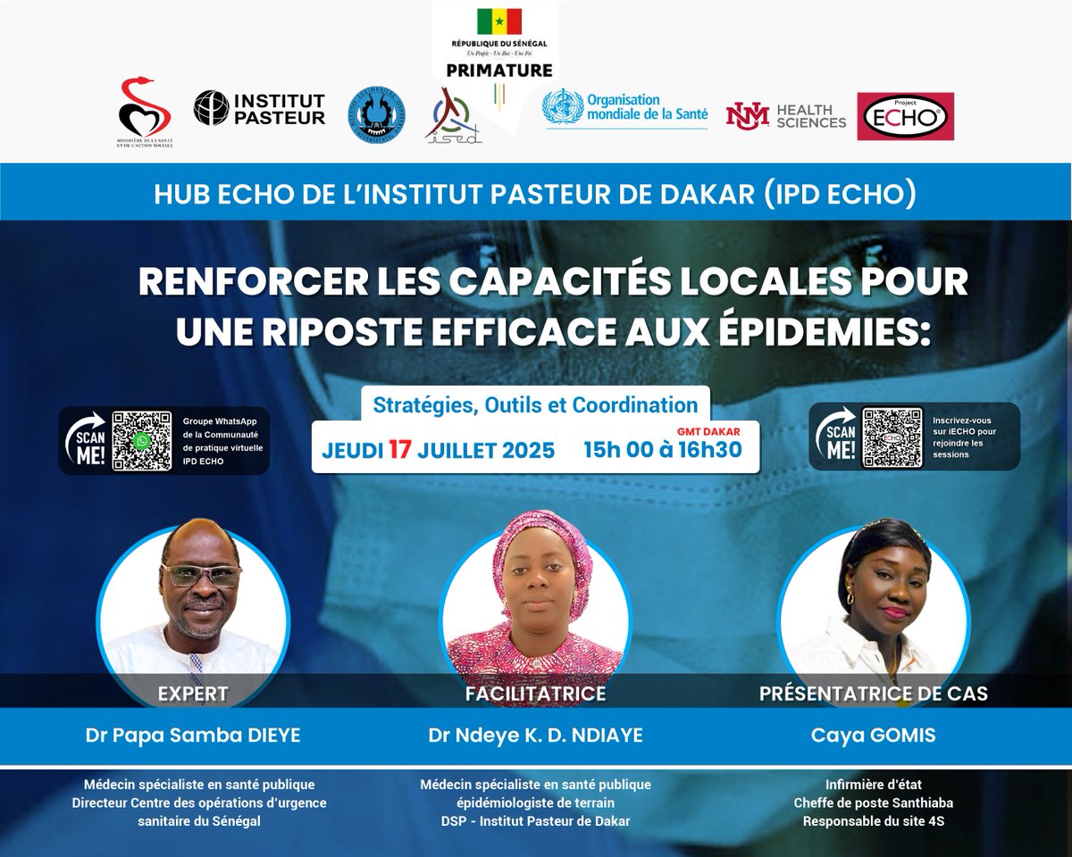 PasteurDakar's tweet image. L’Institut Pasteur de Dakar et ECHO, vous invite à participer à un webinaire interactif cet après-midi à 15h00 GMT en ligne. Thème : Renforcer les capacités locales pour une riposte efficace aux épidémies : stratégies, outils et coordination
#Arboviroses #ECHO #OneHealth