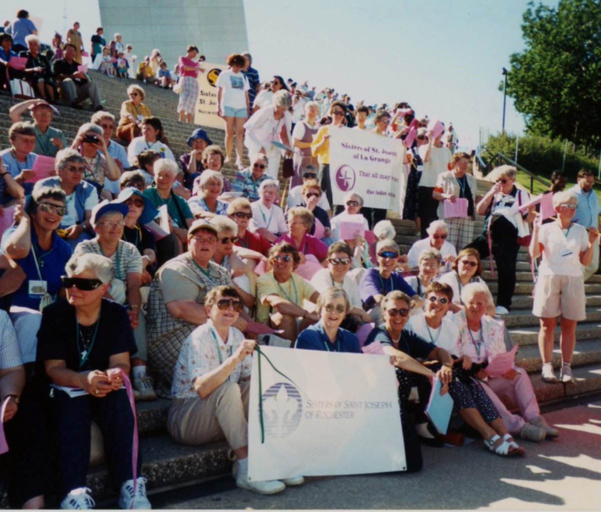#Tbt: A group of our Sisters behind our SSJ Rochester banner at the 2000 SSJ Federation Event in St. Louis. These Events give SSJs from the US &amp; Canada a chance to meet, share, plan &amp; pray together. A group of our Sisters are traveling to Kansas City for the 2025 event tomorrow.