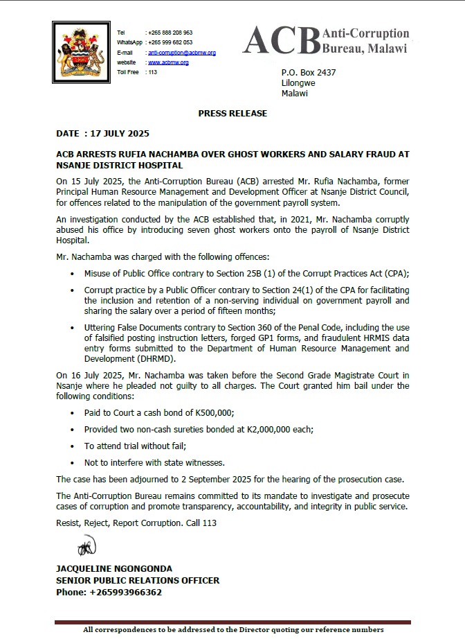 ACB ARRESTS RUFIA NACHAMBA OVER GHOST WORKERS AND SALARY FRAUD AT NSANJE DISTRICT HOSPITAL