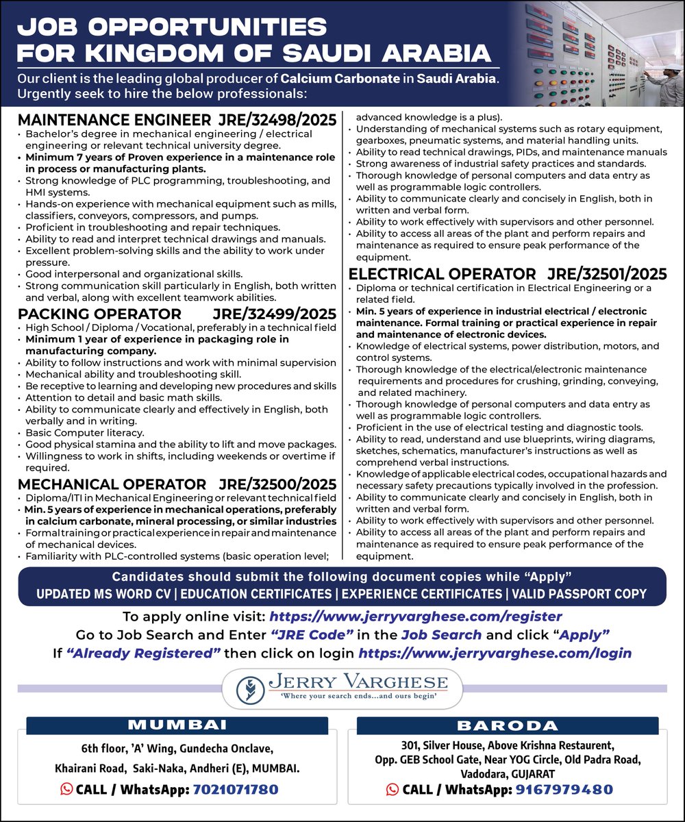 Job Opportunities for Saudi Arabia | Read the ad to know more about the vacancies and the qualifications / Exp. reqd. | Enter ‘JRE Code’ in the Quick Search Box and Apply | Do select “Internet/Online”, Source="Twitter" | All the Best.