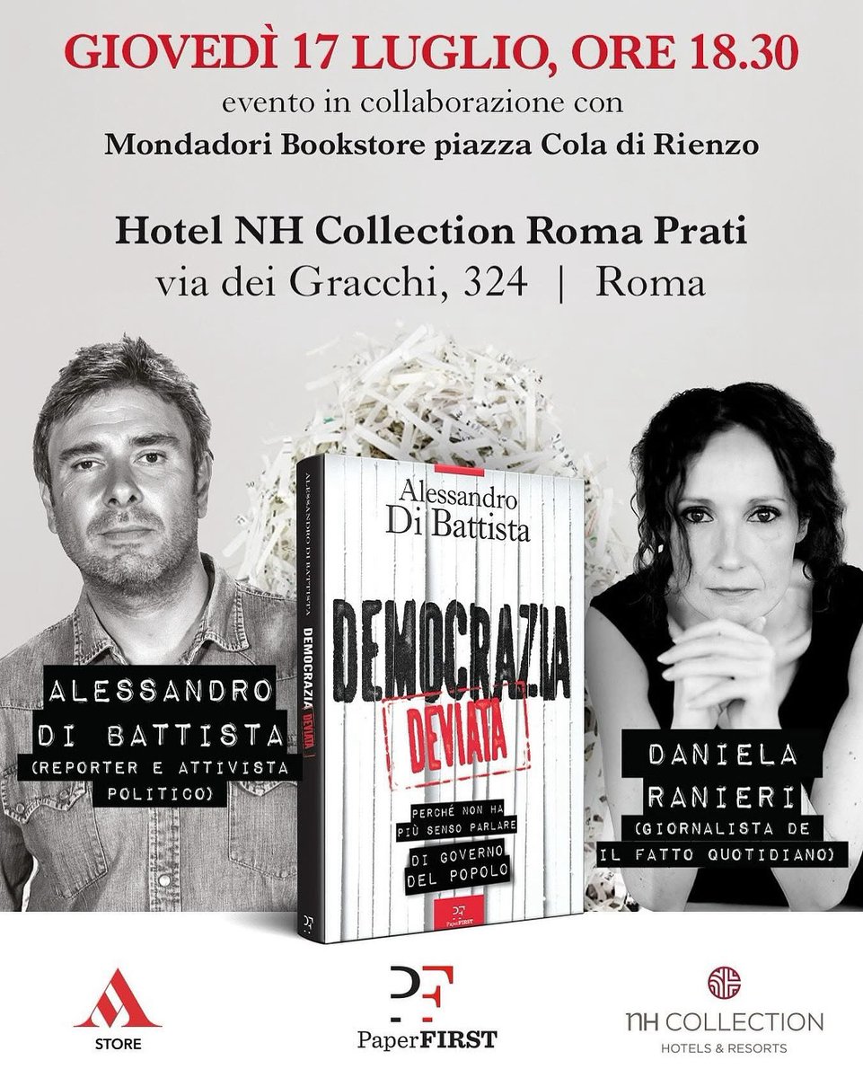 ale_dibattista's tweet image. Questa sera a ROMA (alle 18.30 all’hotel NH Roma Prati, via dei Gracchi, 324) presenterò il mio ultimo libro “Democrazia deviata” insieme a @danielaranieri
Vi aspetto!