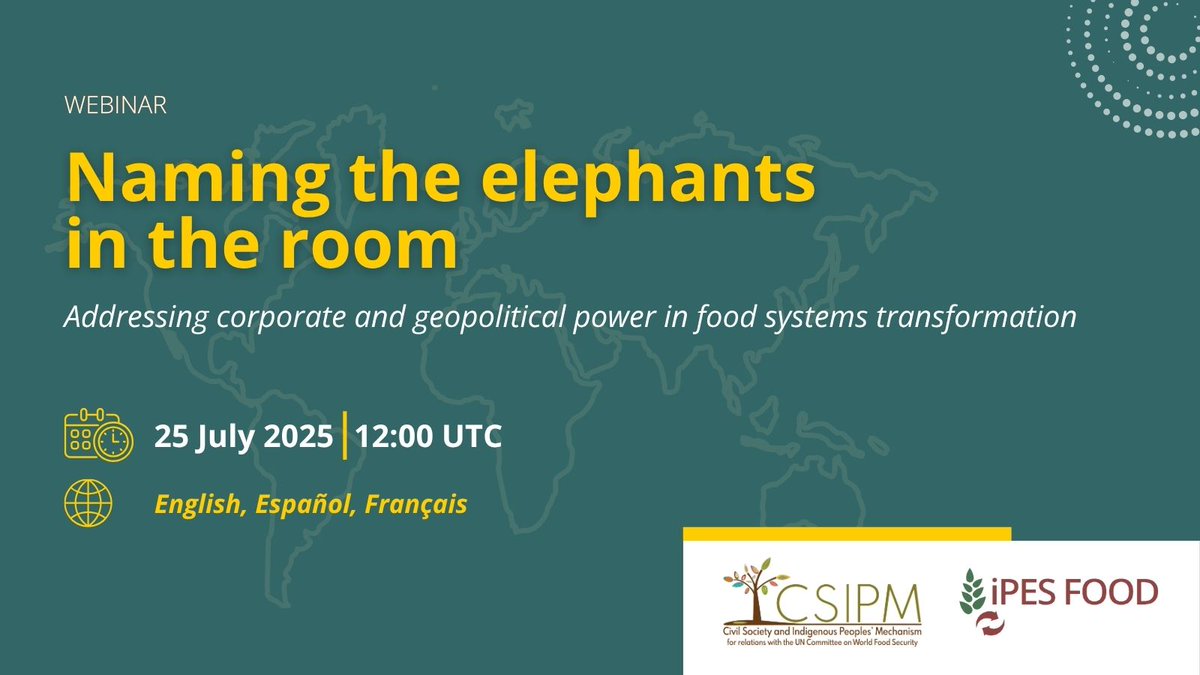 📣Announcing our webinar: Naming the Elephants in the Room - addressing corporate &amp; geopolitical power in #foodsystems governance – ahead of #UNFSS+4

📅25 July | 12:00 UTC

With Jennifer Clapp, <a href="/ksjomo/">Jomo KS</a> &amp; <a href="/CSM4CFS/">CSIPM</a>.

👉ipes-food.org/naming-the-ele…