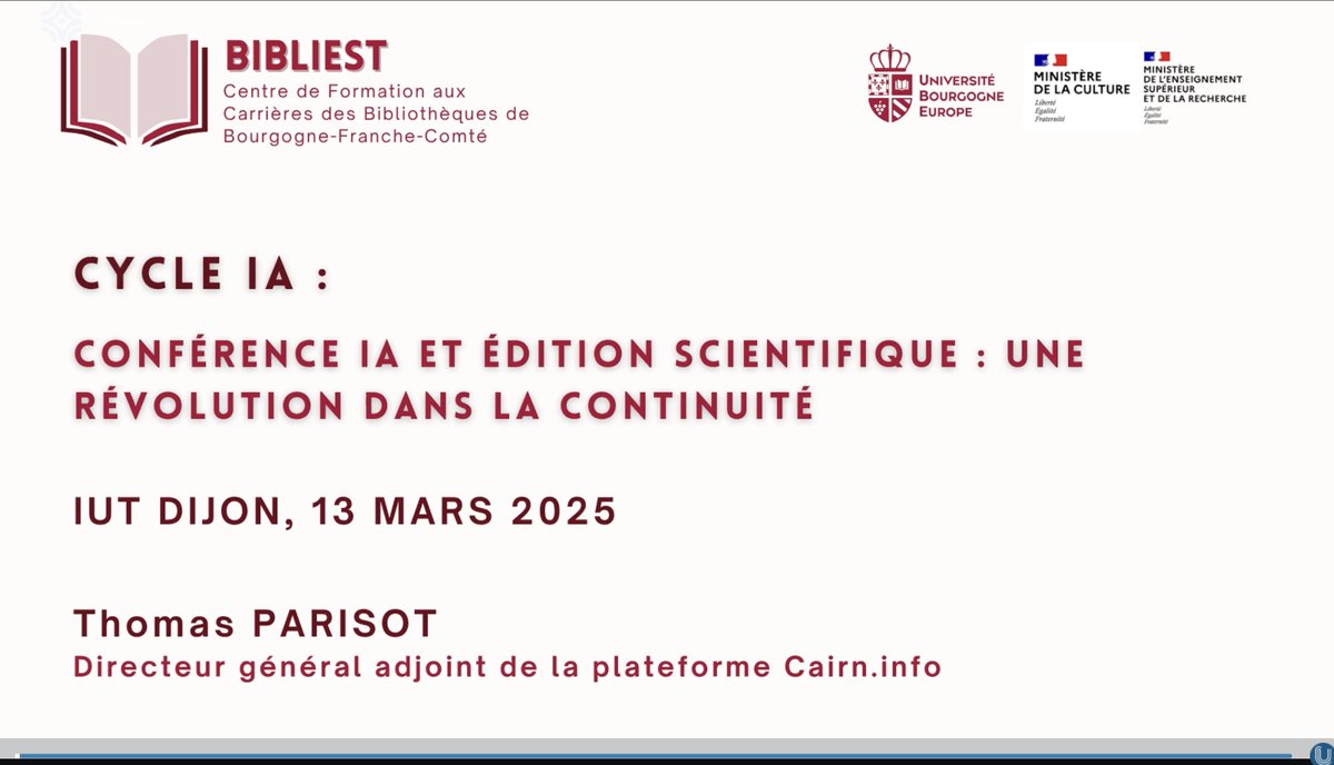 tparisot's tweet image. Conférence IA et édition scientifique - BIBLIEST / @Univ_BFC canal-u.tv/chaines/callis…