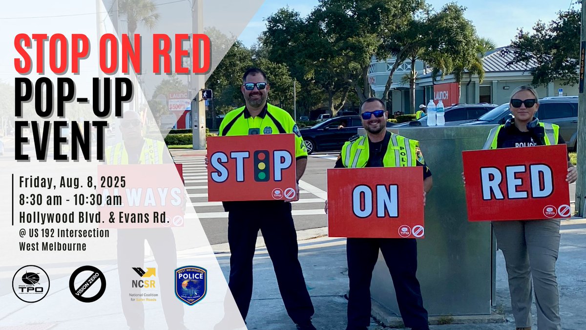🚦 Stop on Red Week is Coming!  Join us for a Sign-Waving Pop-Up in partnership with <a href="/WestMelbournePD/">West Melbourne PD</a>,<a href="/MyFDOT_CFL/">FDOT District 5</a>, and
<a href="/SaferRoadsUSA/">NCSR</a> on Fri. August 8, from 8:30 - 10:30 am at the  Hollywood Blvd. &amp; Evans Rd. @ US 192, West Melbourne.  Email Leah.Nepo@sctpo.com to participate!