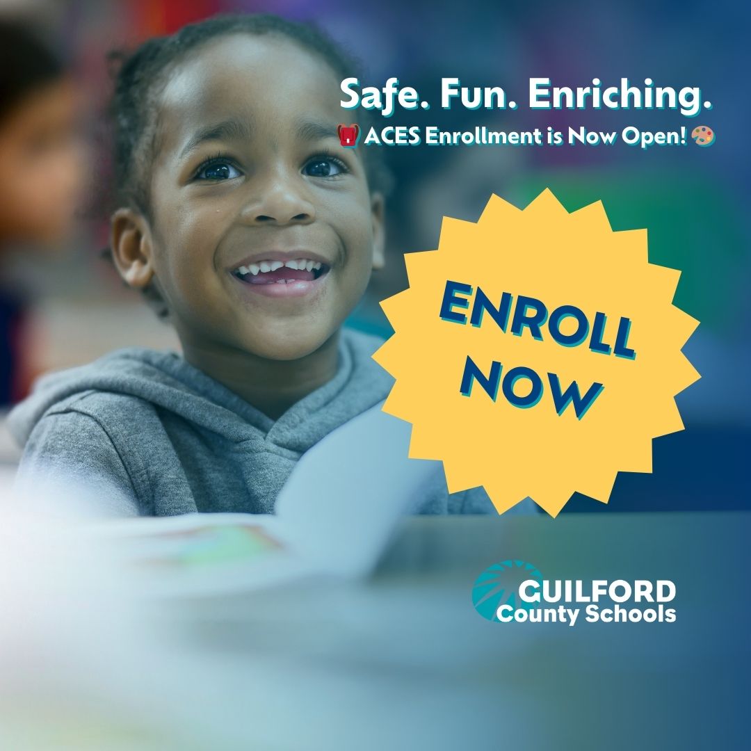 🛝🎨 There's still time to enroll in ACES, the district's after-school care program! Children in kindergarten through fifth grade can study and play with school friends in a safe, nurturing, and fun environment.📝 🏃‍♂️ Register and learn more: gcsnc.com/families/aces