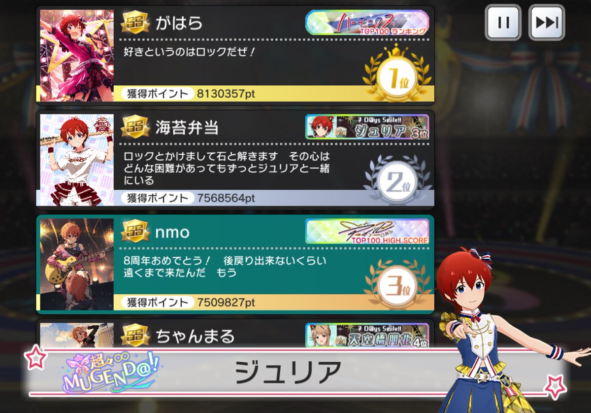 nmo_r2m's tweet image. 物凄く遅くなりました🙇‍♂️
ミリシタ8周年イベントお疲れ様でした！♾️

今年はジュリアで初の担当色段を達成🥉

SFYプラリネ実装にアイルイベント開催と、自分にとって特別な2曲に関われたタイミングでの入賞はより嬉しいよ！

9年目も引き続き頑張って行こうな、相棒！🏃‍➡️