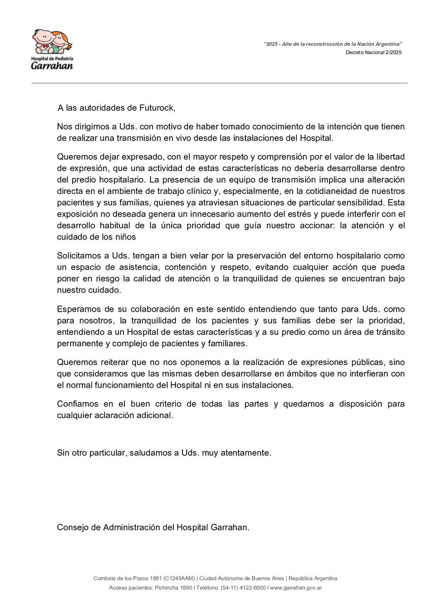 HospGarrahan's tweet image. Desde el Hospital Garrahan enviamos una nota a la emisora Futurock tras su intención de realizar una transmisión en vivo desde nuestras instalaciones sin autorización.
Consideramos fundamental preservar el entorno hospitalario como un espacio de contención, tranquilidad y…