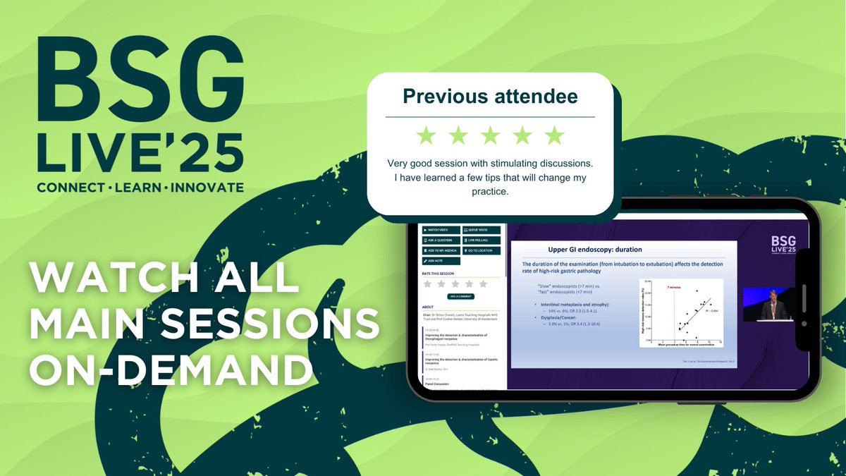 BritSocGastro's tweet image. Couldn't watch/attend #BSGLIVE25? Dive into 80+ hours of content in our on-demand content library! 📱
Earn up to 85 CPD credits along the way and view all of this year's e-posters for 8 months post-conference 👇 live.bsg.org.uk/virtual-ticket…