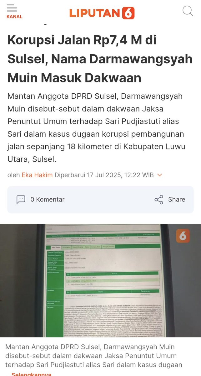 ACC sulawesi menyebut bahwa berdasarkan dakwaan yang dibacakan di Pengadilan Tipikor Makassar, Darmawangsyah tidak hanya disebut sebagai saksi, tetapi juga digambarkan sebagai pihak yang “bersama-sama melakukan” dugaan tindak pidana korupsi

liputan6.com/regional/read/…