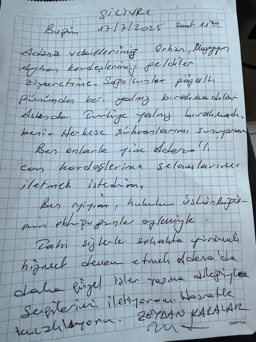 ZeydanKaralar01's tweet image. Bugün Silivri'de beni ziyaret eden vekillerimiz ile siz sevdiğim Adanalı can kardeşlerime bir not gönderdim: “Ben iyiyim, hukukun üstünlüğünün olduğu günler özlemiyle...
Sizlerle sokakta yürümek, hizmete devam etmek, Adana'da daha güzel işler yapmak dileğiyle sevgilerimi…