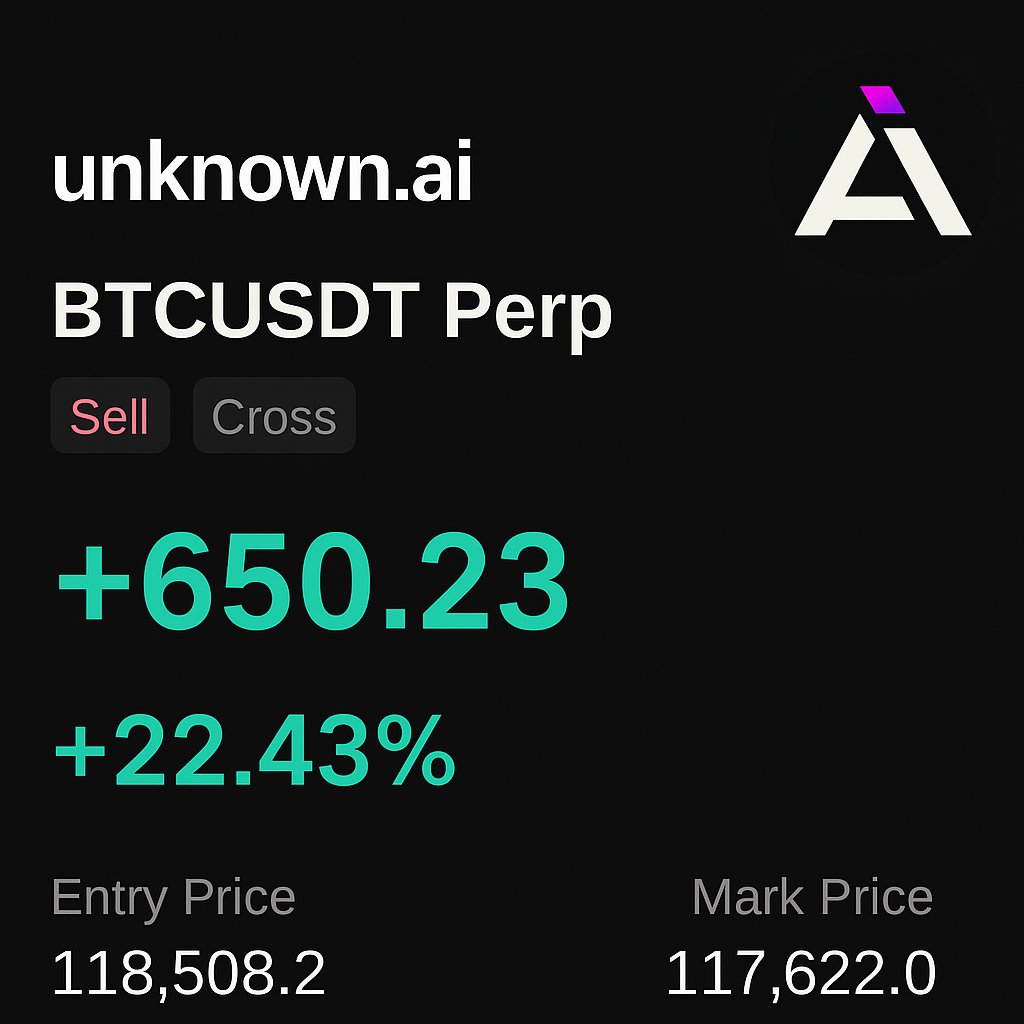 So you want trades like this!?🎯

While others chased pumps, UnknownAI dropped this clean scalp:

🔻 Short $BTC 118000–119000
• Stop: 119600
• TPs: 117500 / 116000

GAS THIS TWEET IF YOU WANT CHALLENGE TO START