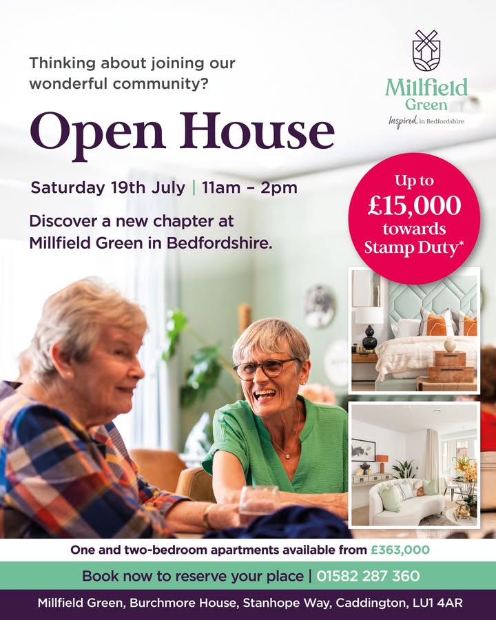 Discover life at Millfield Green!
📅 Sat 19 July | 🕚 11am–2pm
👋 Meet the team, tour show homes &amp; enjoy up to £15K Stamp Duty savings*

📍 Caddington, LU1 4AR
🔗 bit.ly/4lGpf7W
#MillfieldGreen #OpenHouse #RetirementLiving