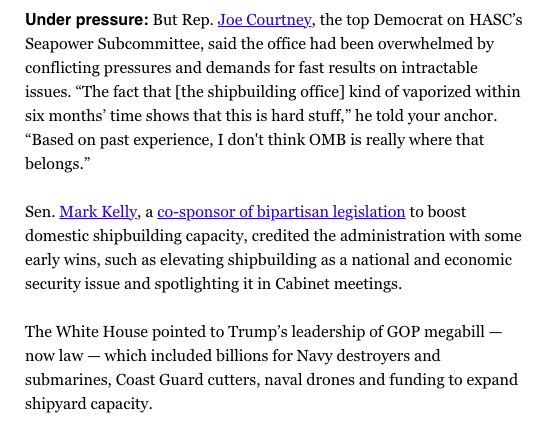 dave_brown24's tweet image. NEW: Four months after Trump announced a new White House shipbuilding office, its team has dispersed. Several staffers have left or been reassigned amid a broader upheaval at the NSC, and the office has been moved to OMB, @JackDetsch and @reporterjoe report in today's Morning D