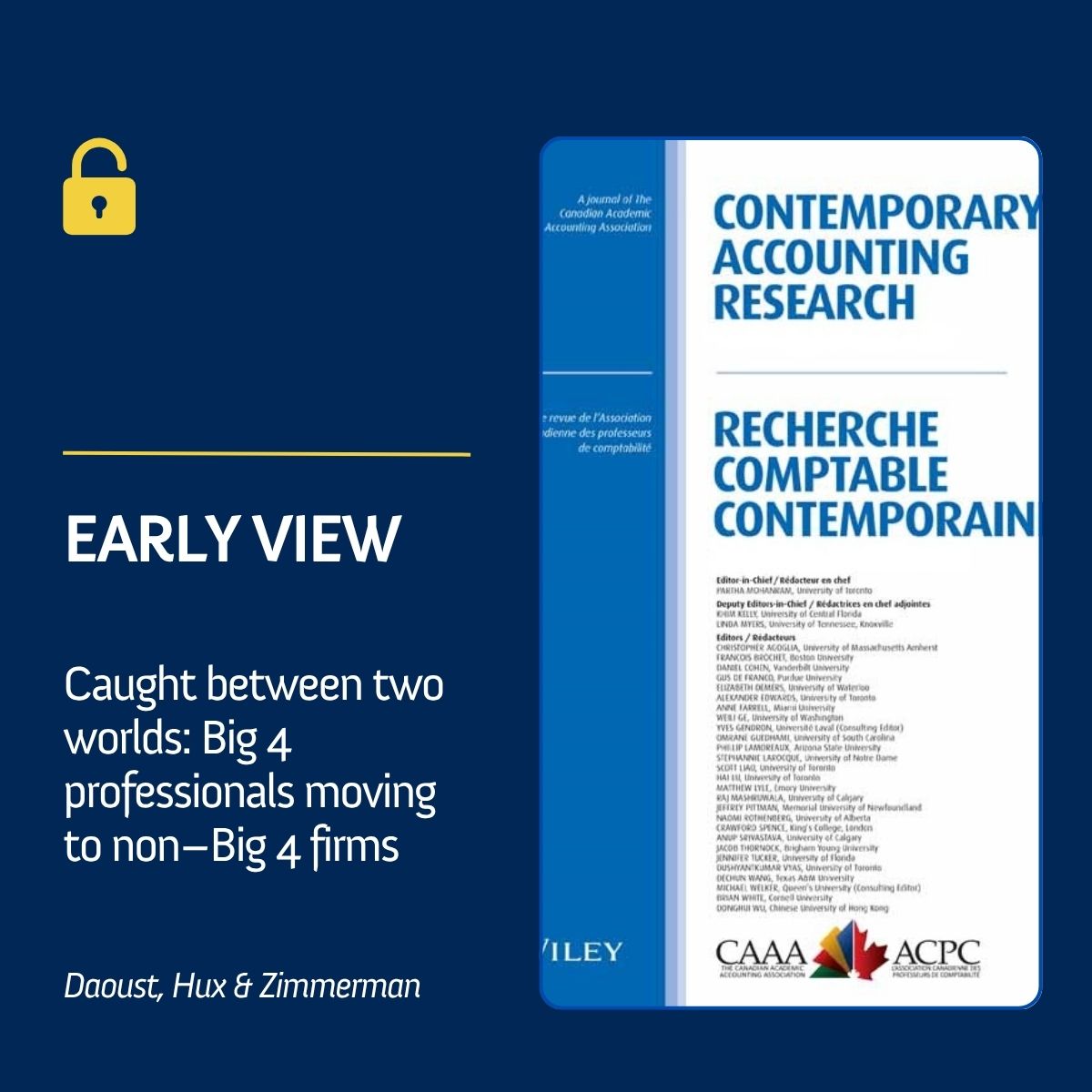 Contemporary Accounting Research (@car_rcc_journal) on Twitter photo 🚀Who says the Big 4 is the only path to success? 💼✨This study examines the movement of public accounting professionals from Big 4 firms to non-Big 4 organizations.
🔓🔗onlinelibrary.wiley.com/doi/10.1111/19…
Daoust (<a href="/HEC_Montreal/">HEC Montréal</a>), Hux (<a href="/NIUlive/">NIU</a>) & Zimmerman (<a href="/FloridaState/">Florida State University</a>)
#Accounting #Big4 🚀Who says the Big 4 is the only path to success? 💼✨This study examines the movement of public accounting professionals from Big 4 firms to non-Big 4 organizations.
🔓🔗onlinelibrary.wiley.com/doi/10.1111/19…
Daoust (<a href="/HEC_Montreal/">HEC Montréal</a>), Hux (<a href="/NIUlive/">NIU</a>) & Zimmerman (<a href="/FloridaState/">Florida State University</a>)
#Accounting #Big4