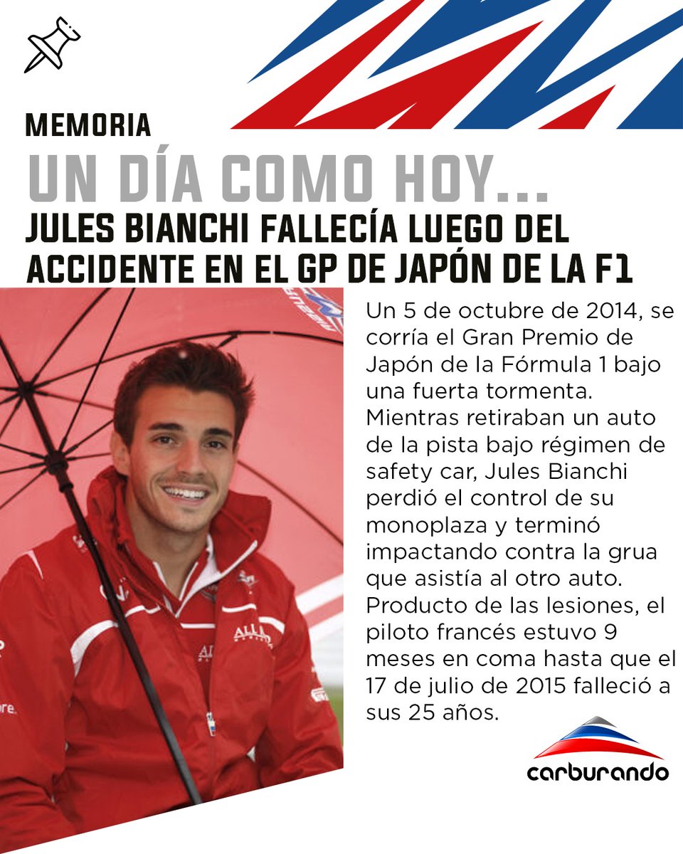 CarburandoTV's tweet image. 🕊️ Se cumplen 10 años del fallecimiento de Jules Bianchi, producto del accidente que sufrió durante el GP de Japón.

#F1 #JulesBianchi