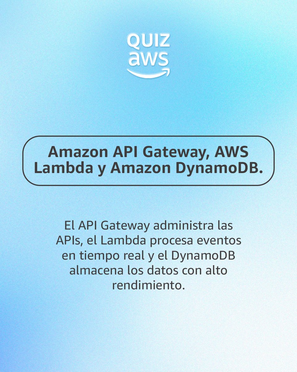 AWSLatam's tweet image. ¿Qué soluciones de AWS vamos a utilizar para este escenario? 👀
.
a) Amazon API Gateway, AWS Lambda y Amazon DynamoDB.
El API Gateway administra las APIs, el Lambda procesa eventos en tiempo real y el DynamoDB almacena los datos con alto rendimiento.