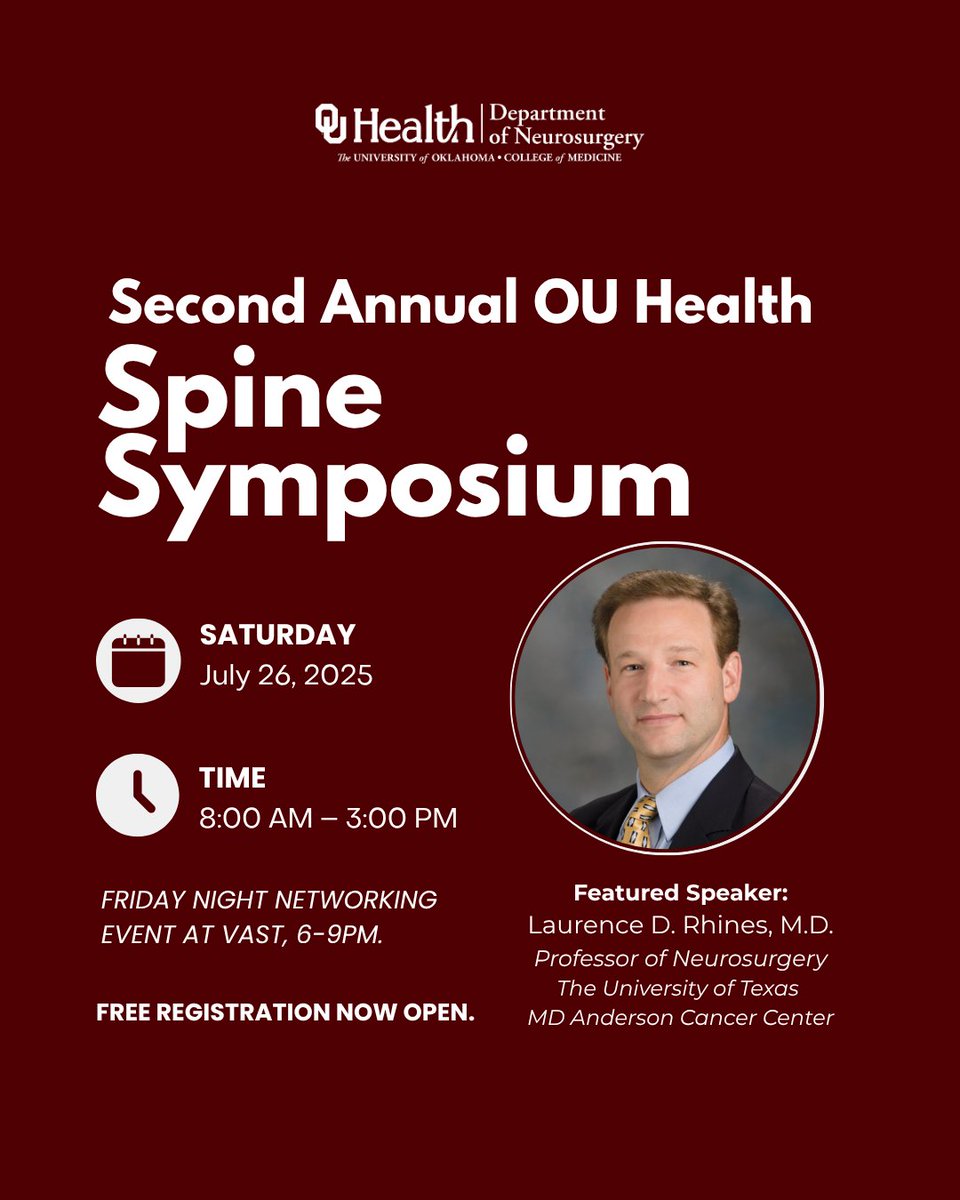 OU_Neurosurgery's tweet image. Reminder! 📣 The OU Health Spine Symposium is almost here:
🗓 July 25 - Networking Reception at Vast (OKC)
🗓 July 26 – Symposium at Samis Education Center
Connect with experts and stay current on spine care trends. #SpineSymposium
🔗 Register: tinyurl.com/y6kznaey?utm_c…