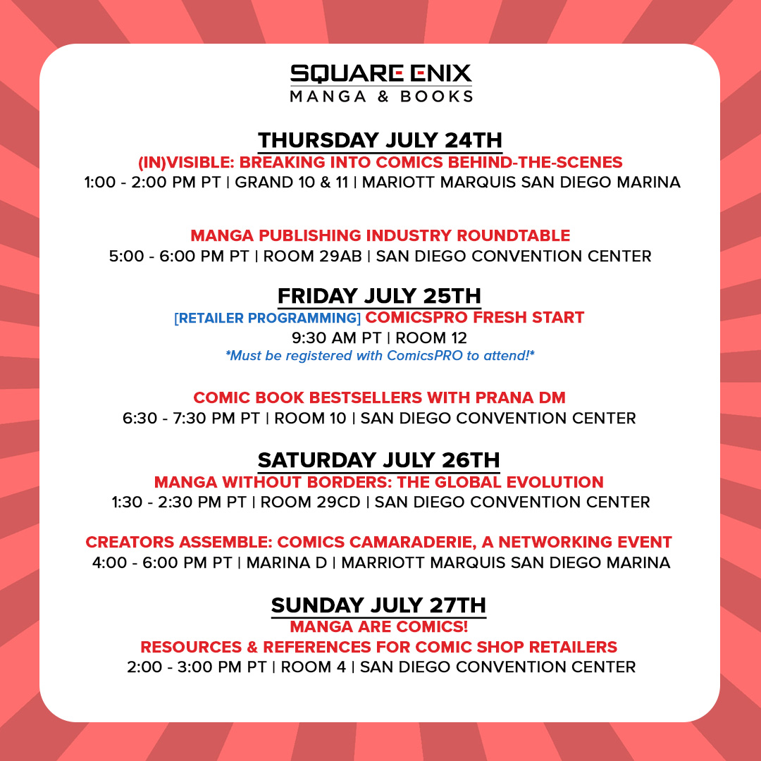 SquareEnixBooks's tweet image. 🎉 Square Enix Manga & Books is headed to #SDCC! Here’s what we’ll be up to next week!
Come find us and say hello! 👋