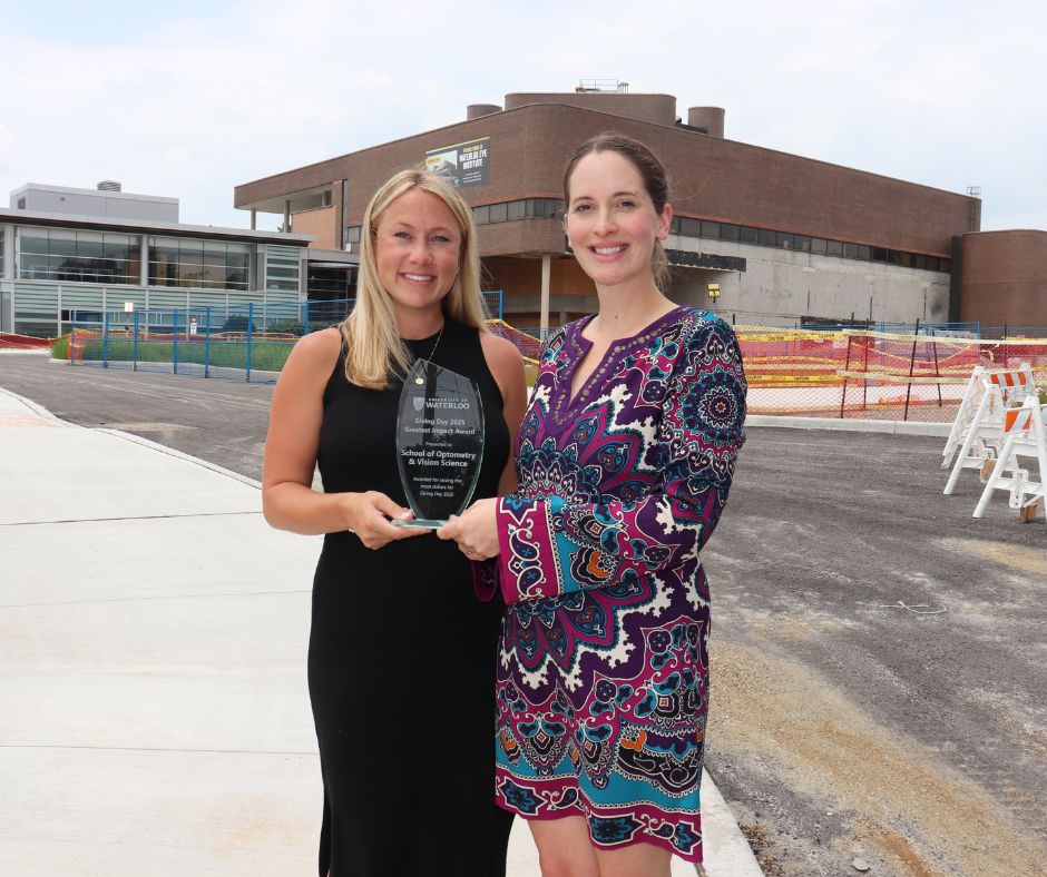 UwOptometry's tweet image. Thanks to every donor who helped us win the Greatest Impact Award for the inaugural @UWaterloo Giving Day! You helped us raise the most dollars to build the Waterloo Eye Institute! Special thanks to @EssilorCanada and Dr. Carol Cressman for their generous gifts.