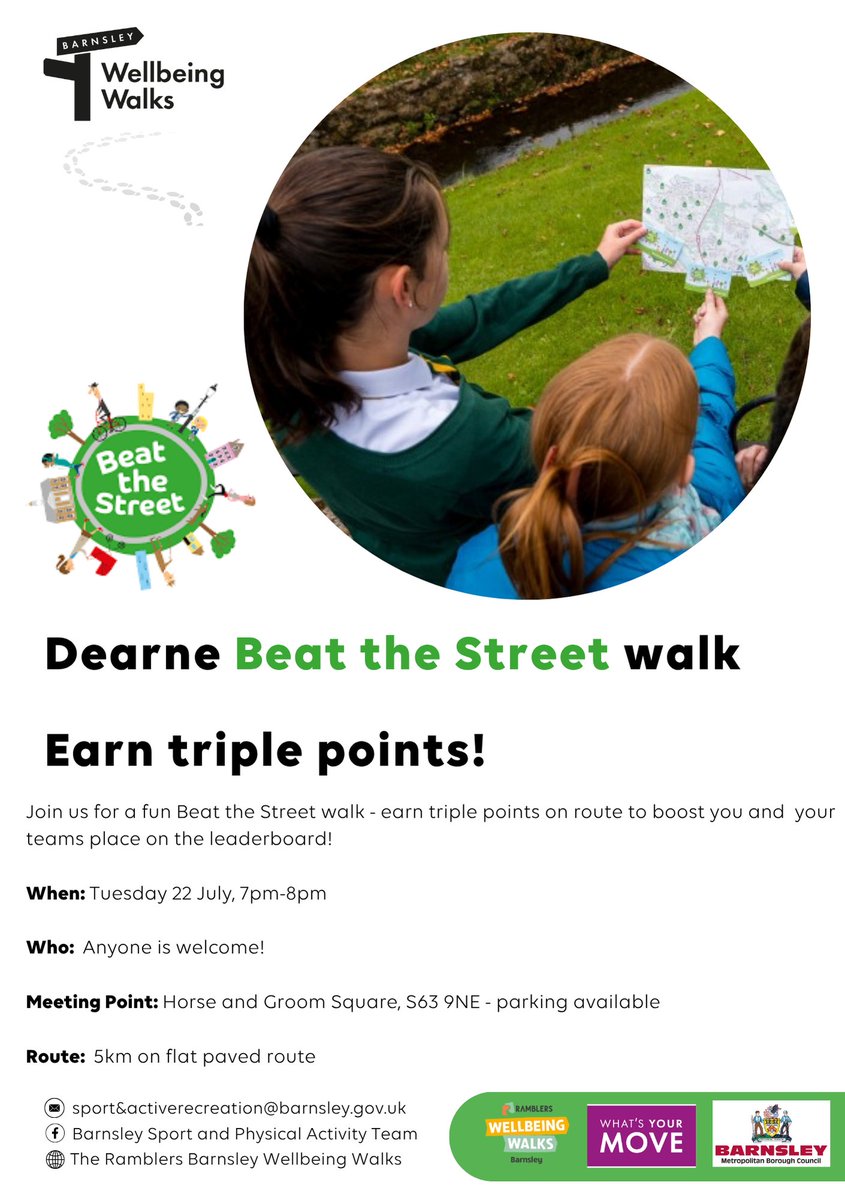 Come and join this Beat the Street 5km walk in Dearne on 22 July 7-8pm, and take a tour of local Beat Boxes to earn triple points. Meet at Horse and Groom Square, S63 9NE. <a href="/BarnsleyMoving/">What's Your Move Barnsley</a> <a href="/ActiveBarnsley/">Active Barnsley</a> <a href="/BarnsleyCouncil/">Barnsley Council</a> #WhatYourMove