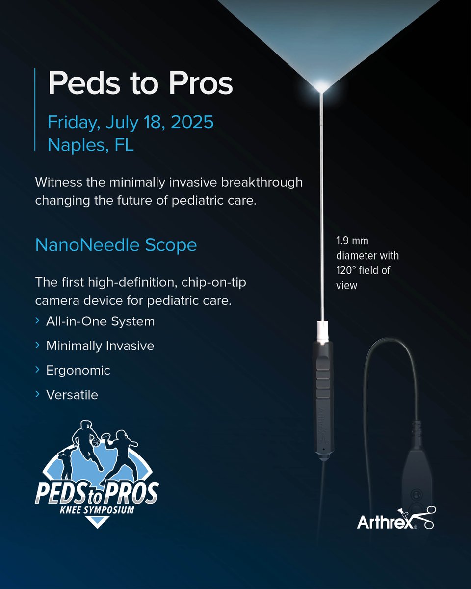 ArthrexMedEd's tweet image. Discover how the NanoNeedle™ Scope is advancing pediatric orthopedic care at the upcoming Peds to Pros Knee Symposium, hosted at Arthrex Global Headquarters. As the first high-definition, chip-on-tip scope designed specifically for pediatric use, the NanoNeedle Scope allows for…