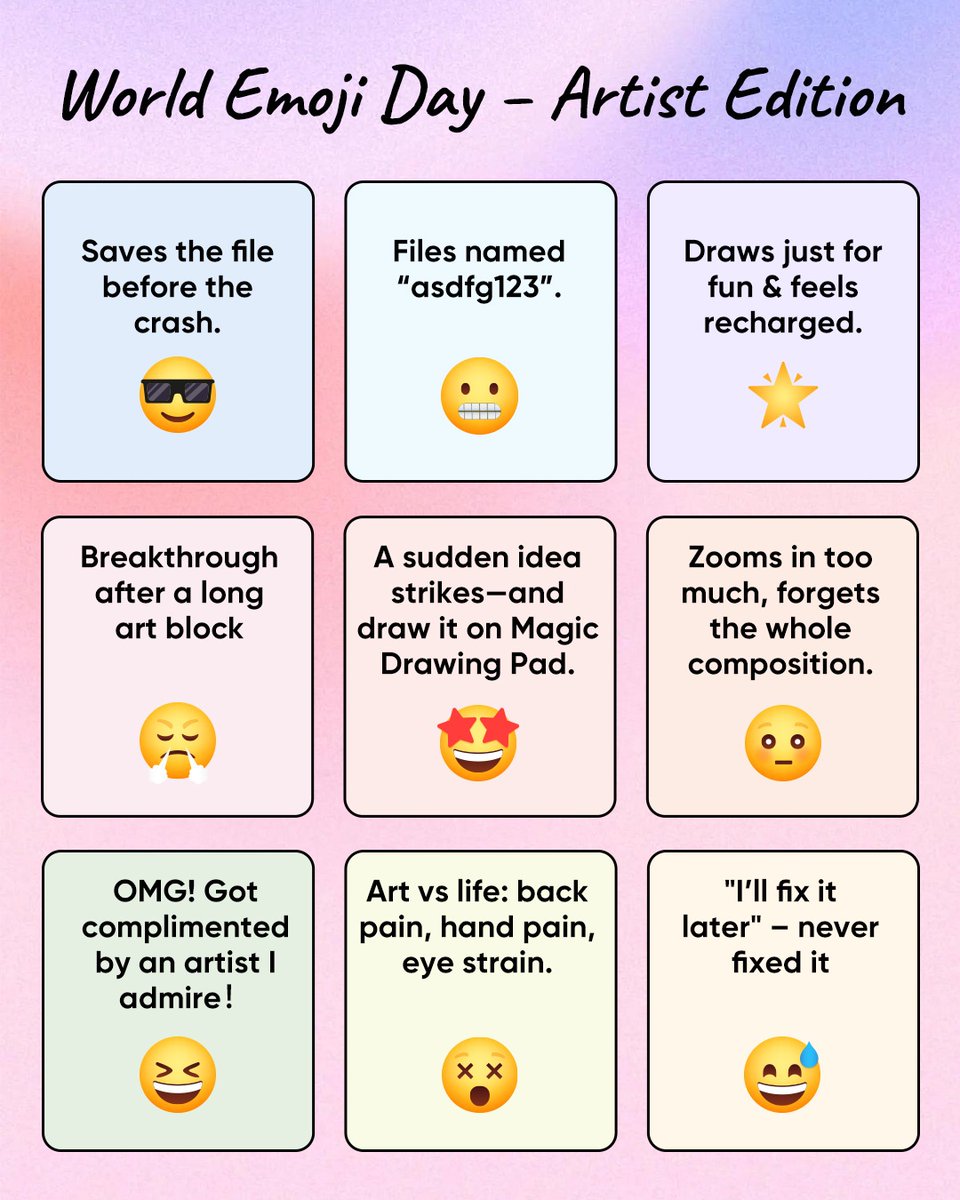 XPPEN's tweet image. 🎨 World Emoji Day - Artist Edition! ✨
Artists be like... which one are YOU today? 🤔✏️🤪
Sound off below! 👇
#WorldEmojiDay #XPPen #DigitalArt #ArtistLife