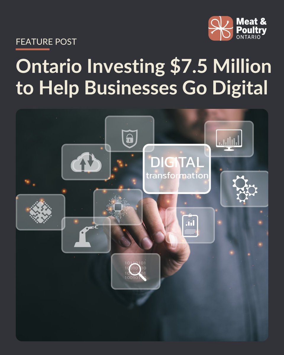 #Ontario invests $7.5M to help #SMBs go digital 💡

Especially for meat &amp; poultry businesses, this means access to AI, data analytics &amp; digital traceability — tools to boost growth &amp; future-proof operations.

🔗 Full details: l8r.it/UF7q

#MPO #Meatandpoultry