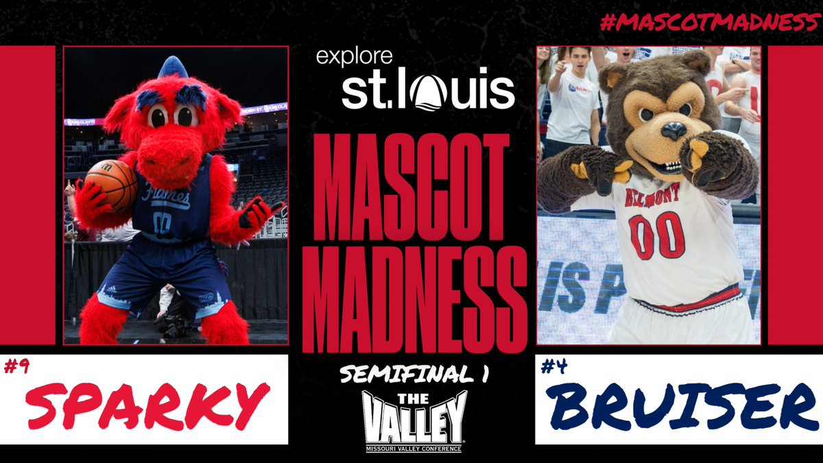 MVCsports's tweet image. Happy Thursday, MVC Fans!
The @explorestlouis Mascot Madness Semifinals starts right NOW!
First match up,
Sparky🆚Bruiser
VOTE➡️bit.ly/469WI66
#MVCMascotMadness | #TheValleyRunsDeep