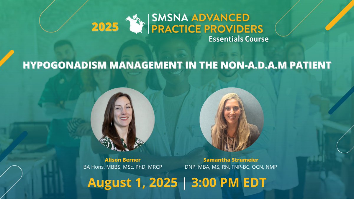 SMSNA_ORG's tweet image. Navigating testosterone therapy in patients? Our next APP session is for you!
Alison Berner and Samantha Strumeier will review Urology & Endocrine guidelines, explore TRT options for patients, and more!
If you aren't registered, you should be! Sign up: smsna.org/education/app-…