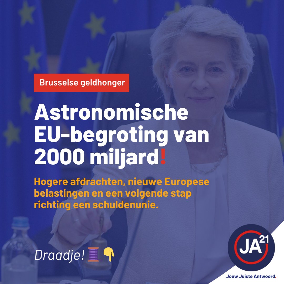 De Europese Commissie presenteert een meerjarenbegroting van €2.000 miljard, €800 miljard meer dan de vorige. Hogere afdrachten, nieuwe Europese belastingen en een volgende stap richting een schuldenunie. Een fundamenteel verkeerde koers, die Nederland niet mag accepteren. 🧵