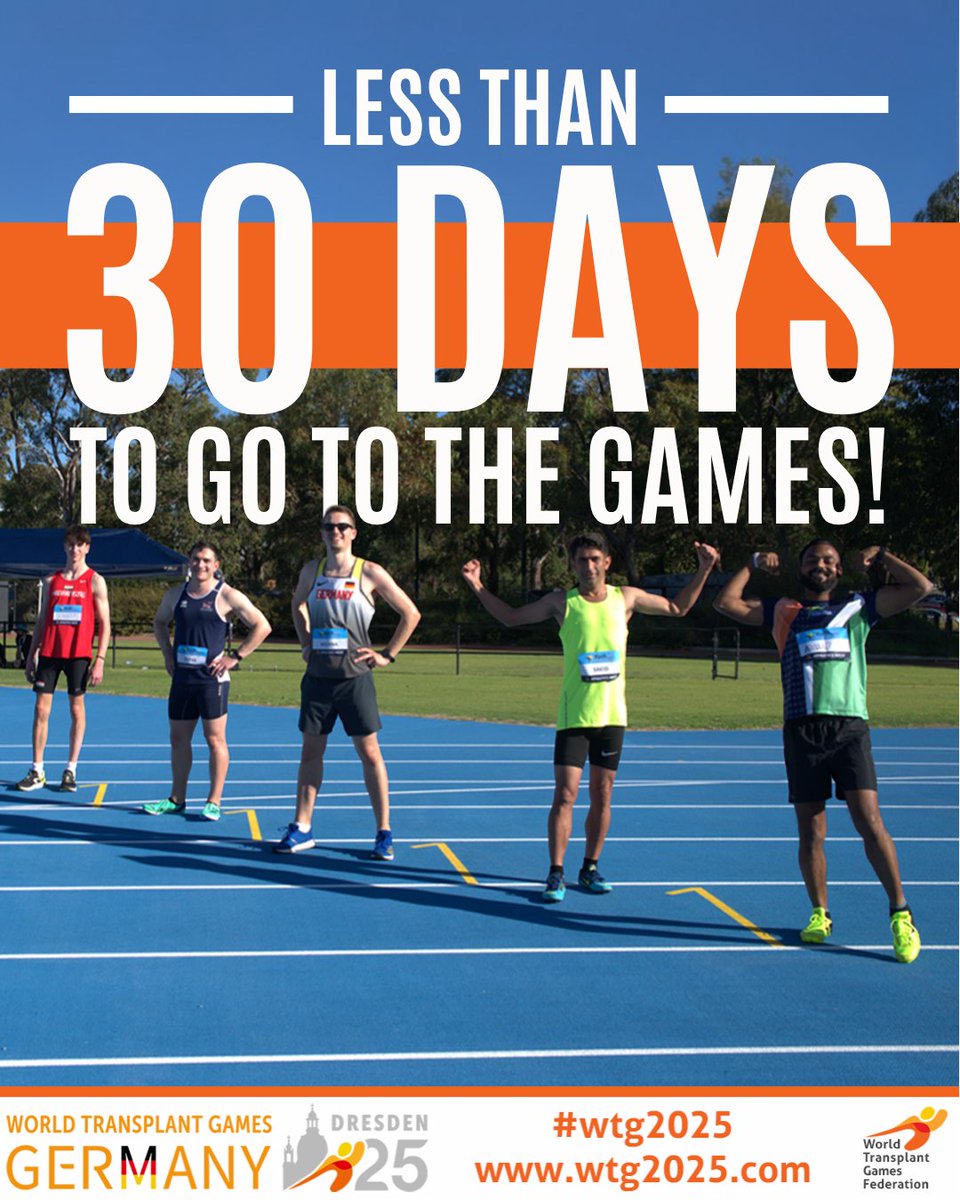 ⏳ 30 Days To Go! 🇩🇪

The countdown is ON! Just one month until the World Transplant Games 2025 kick off in Dresden, Germany! 🏃‍♂💥

#WTGF #WTG2025 #RoadToDresden #TransplantSport #OrganDonationSavesLives