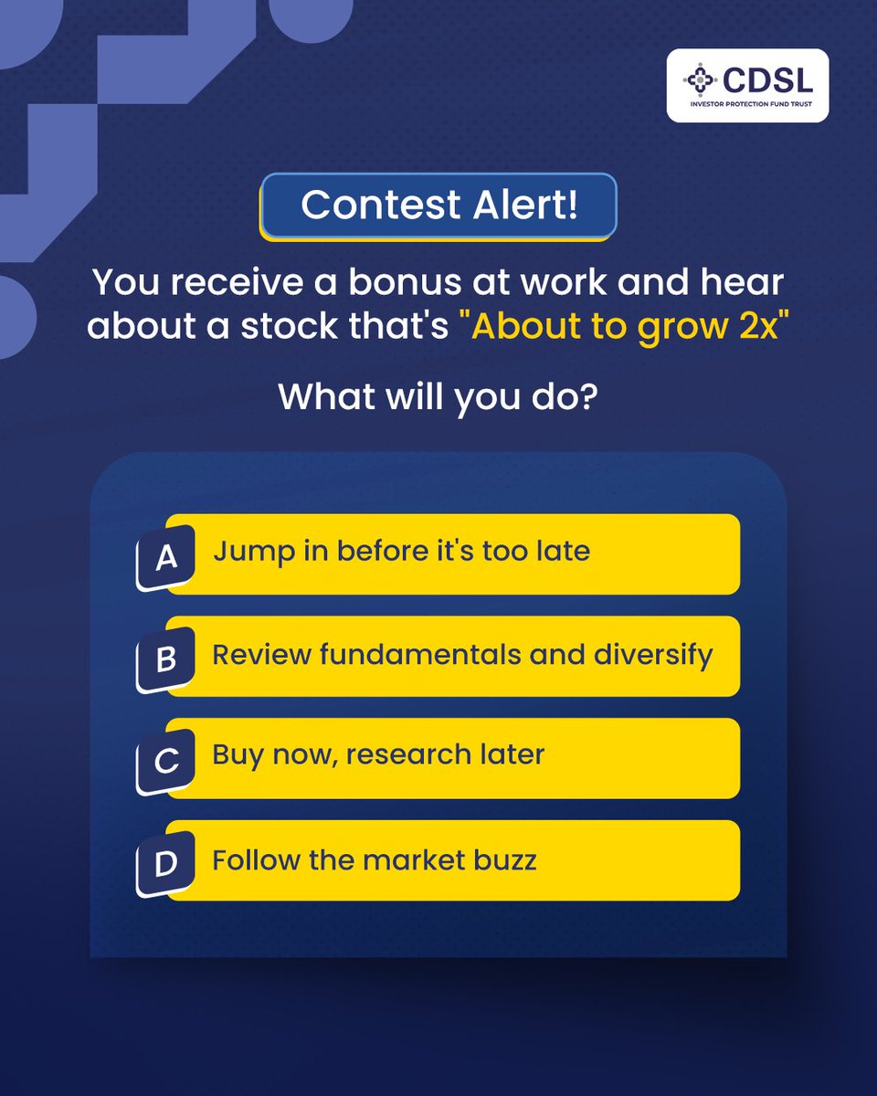 CdslIndia's tweet image. Are you an Atmanirbhar Investor or an Andhadhund Investor? Your answer will determine the future of your investing.
Take the quiz now for a chance to win exciting vouchers!
Rules to participate:
1) Mention the correct answer in the comment section
2) Don't forget to tag three…
