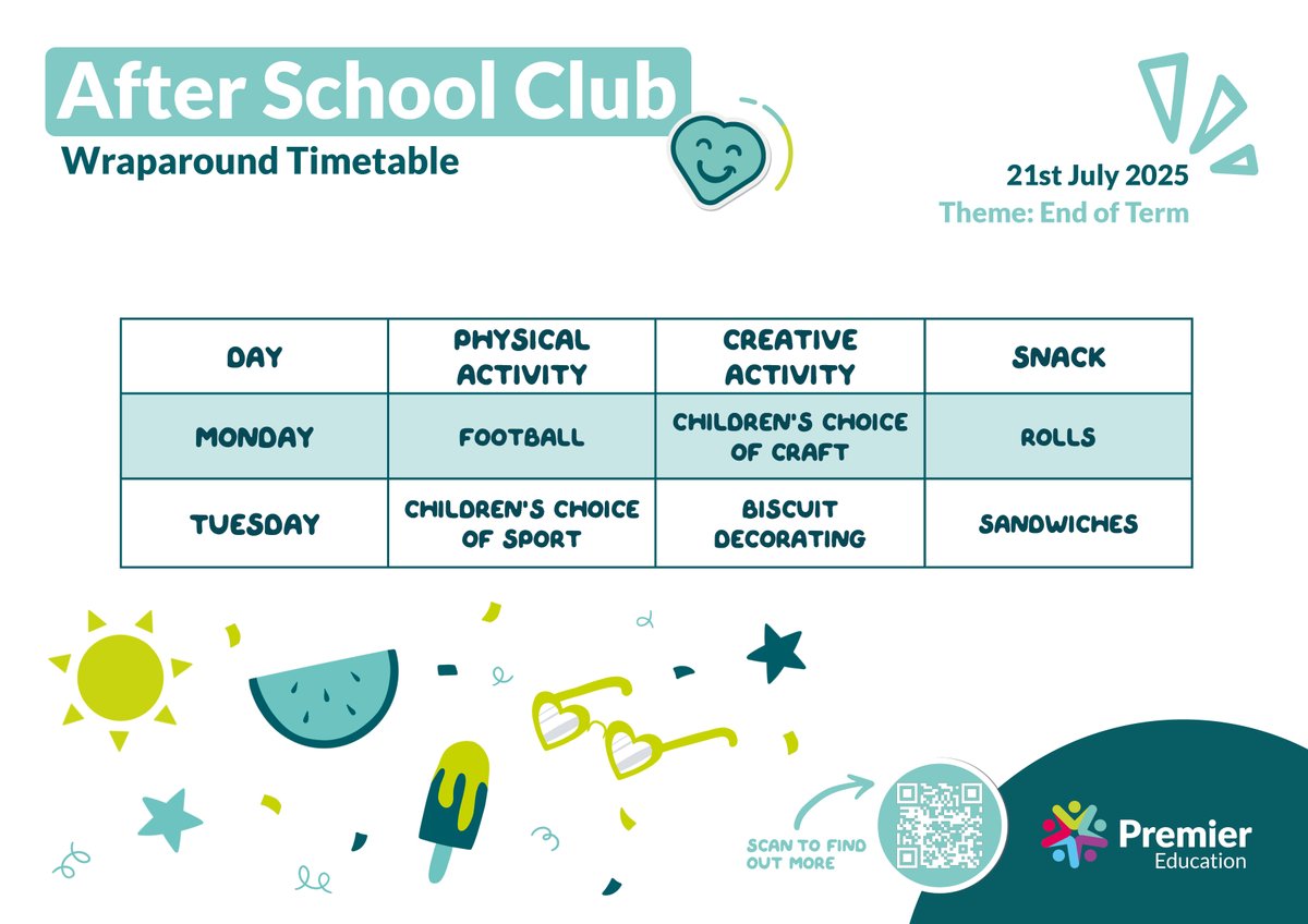 Next week's Wraparound Club timetable is here!

The theme is...End of Term ☀️✨

Book now: hubs.ly/Q03ptL-50

#PremierEducation #AfterSchoolClub #BreakfastClub #ChildcareProvider #Childcare
