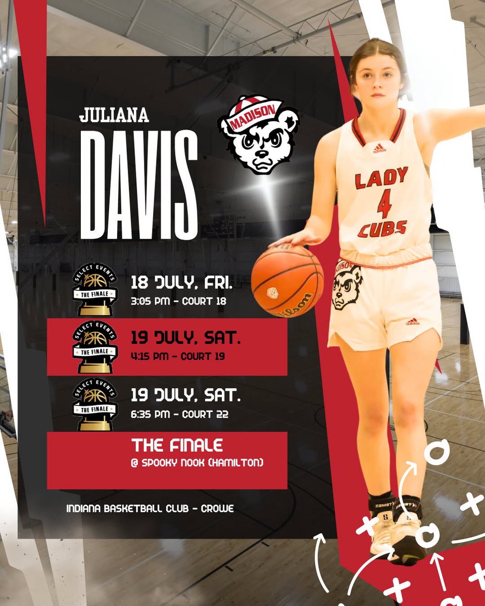 Madison Lady Cubs Basketball (@madisonladycubs) on Twitter photo This is the pool play schedule for <a href="/julianadavis04/">Juliana Davis</a> this weekend in The Finale. Juliana is a fast and athletic guard that plays with a huge motor, especially defensively. She is a leader on and off the court. Check her out this weekend. This is the pool play schedule for <a href="/julianadavis04/">Juliana Davis</a> this weekend in The Finale. Juliana is a fast and athletic guard that plays with a huge motor, especially defensively. She is a leader on and off the court. Check her out this weekend.