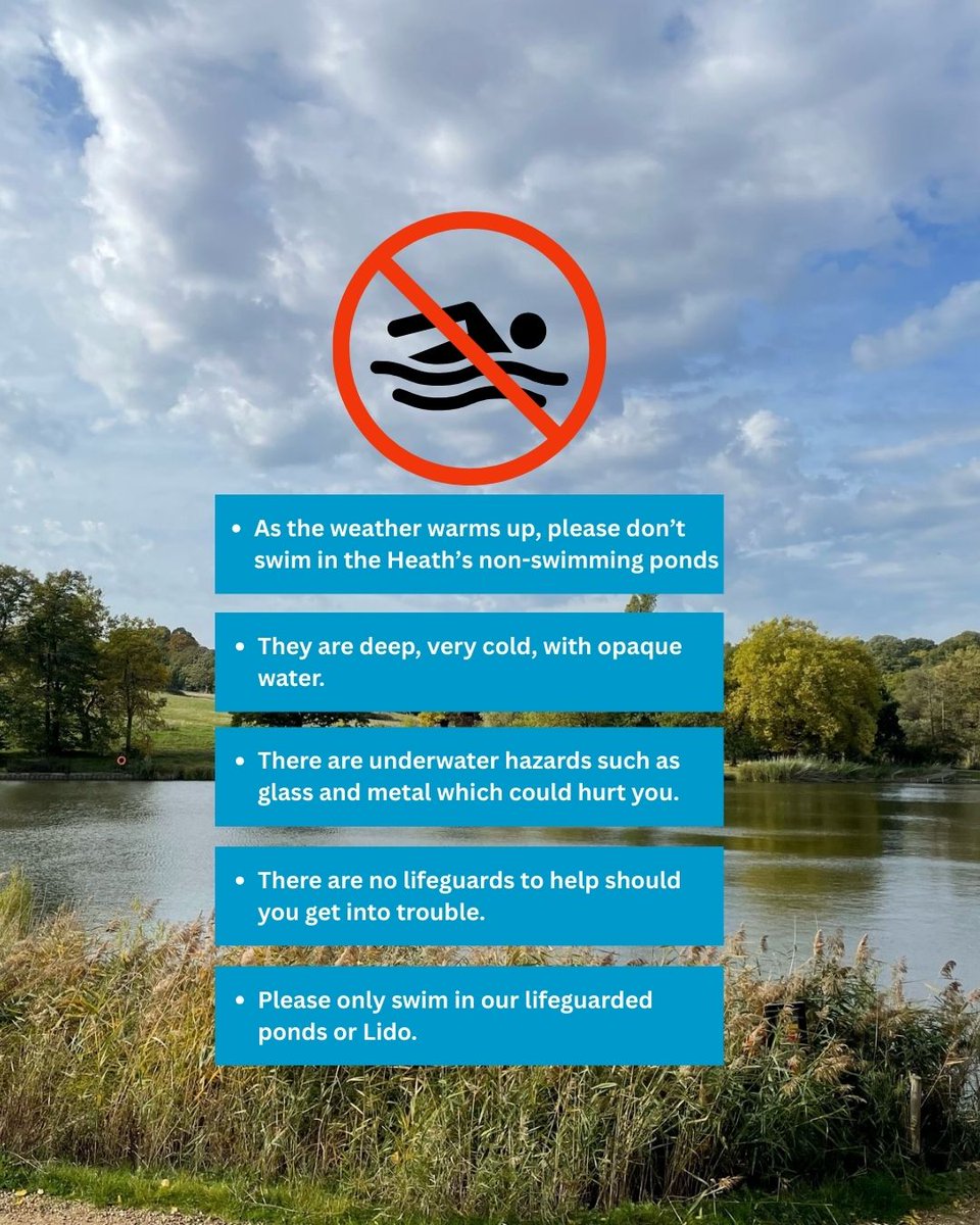 CityCorpHeath's tweet image. 🚫 Please don’t swim in the Heath’s non-swimming ponds.
These areas aren’t monitored for safety or water quality and swimming here puts people and wildlife at risk.
🏊‍♂️ Stick to the designated swimming ponds and Lido– they&apos;re the only places where swimming is allowed and safe.
