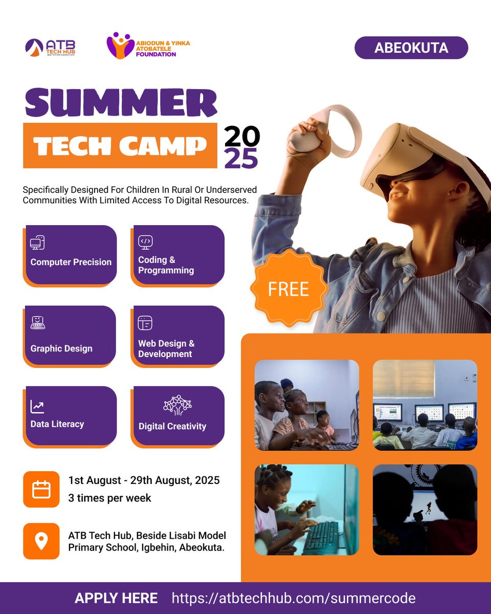atbtechhub's tweet image. We&apos;re launching a Free Summer Code Camp this August for kids in rural and underserved areas.
They&apos;ll learn coding, AI, design, Google &amp;amp; Microsoft tools and more.
Together, let’s bridge the digital divide.
#TechForKids #SummerCodeCamp #ATBTechHub #AYAF