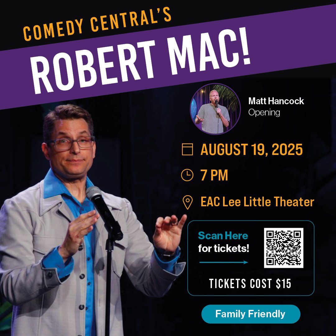 🎤 Get ready to laugh! 🤣 Comedian Robert Mac is coming to Eastern Arizona College on August 19th!
🎟️ Grab your tickets now by scanning the QR code or visiting our EventBrite page. Don’t miss an evening full of fun and laughter!

#ComedyNight #RobertMac #EasternArizonaCollege