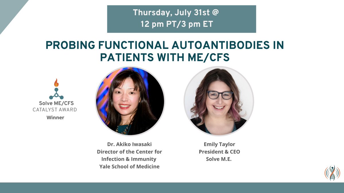 PlzSolveCFS's tweet image. Register for our July 31 @ 12 pm PT / 3 pm ET webinar with #MECFS Catalyst Award winner @VirusesImmunity (@YaleMed). Dr. Iwasaki will discuss her study, “Probing Functional Autoantibodies in Patients with ME/CFS.”
👉ow.ly/eVNv50VReaH
#MECFS