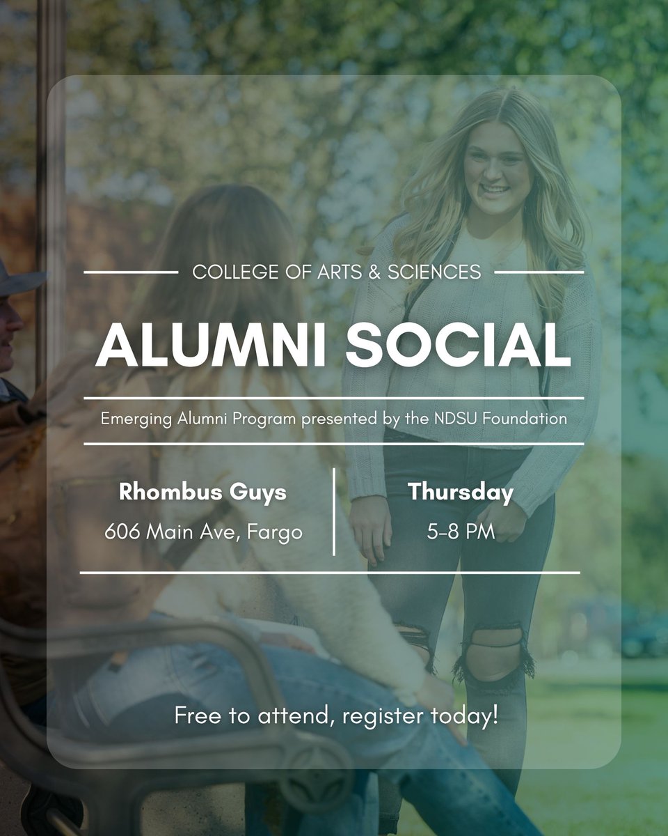 Save the Date: CAS Emerging Alumni Social
Reconnect, network, and enjoy summer vibes with fellow Bison!
Thursday, July 31 | 5–8pm
Rhombus Guys | 606 Main Ave, Fargo
Free to attend – register here: bit.ly/3GRvbfn

#NDSUAlumni #EmergingAlumni #GoBison #CASocial