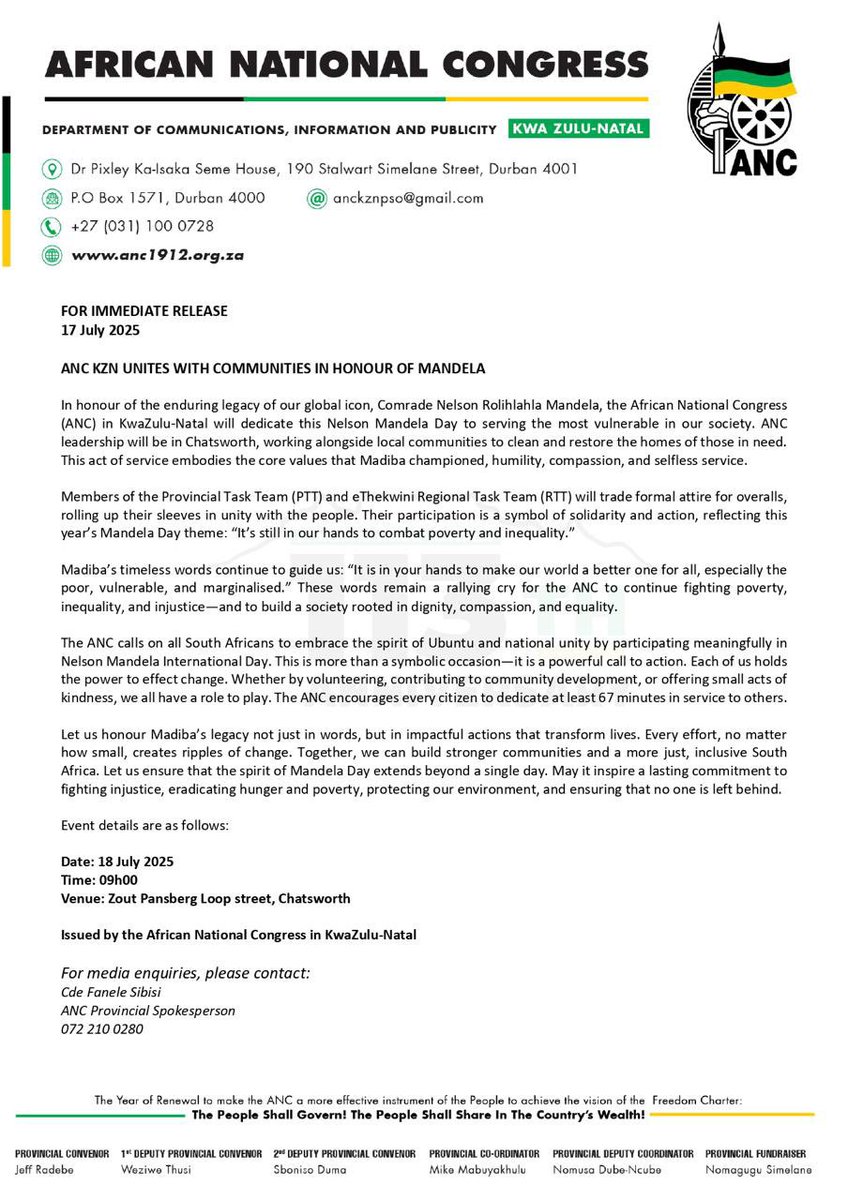 ANCKZN's tweet image. ANC KZN UNITES WITH COMMUNITIES IN HONOUR OF MANDELA
In honour of the enduring legacy of our global icon, Comrade Nelson Rolihlahla Mandela, the African National Congress (ANC) in KwaZulu-Natal will dedicate this Nelson Mandela Day to serving the most vulnerable in our society.…