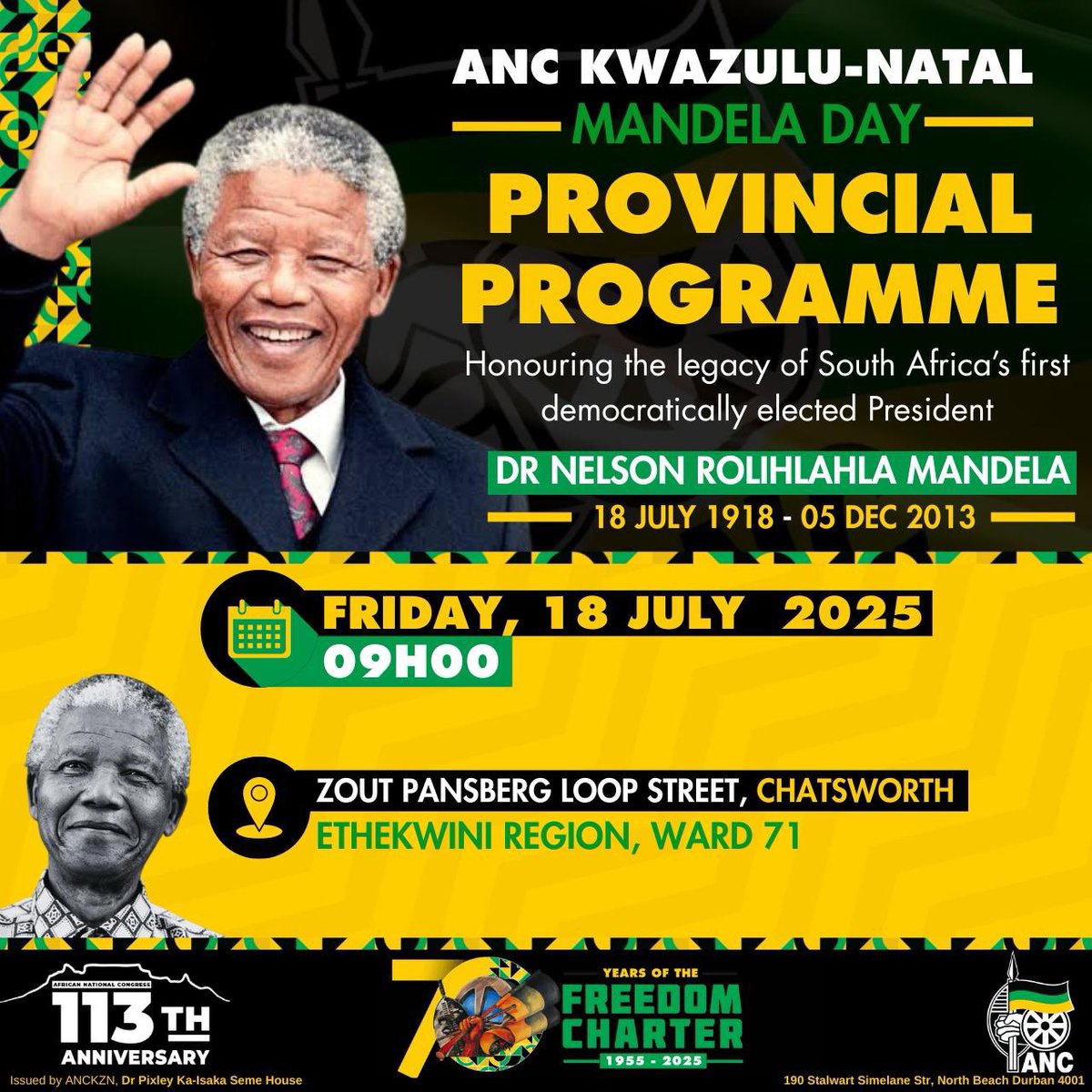 ANCKZN's tweet image. ANC KZN UNITES WITH COMMUNITIES IN HONOUR OF MANDELA
In honour of the enduring legacy of our global icon, Comrade Nelson Rolihlahla Mandela, the African National Congress (ANC) in KwaZulu-Natal will dedicate this Nelson Mandela Day to serving the most vulnerable in our society.…